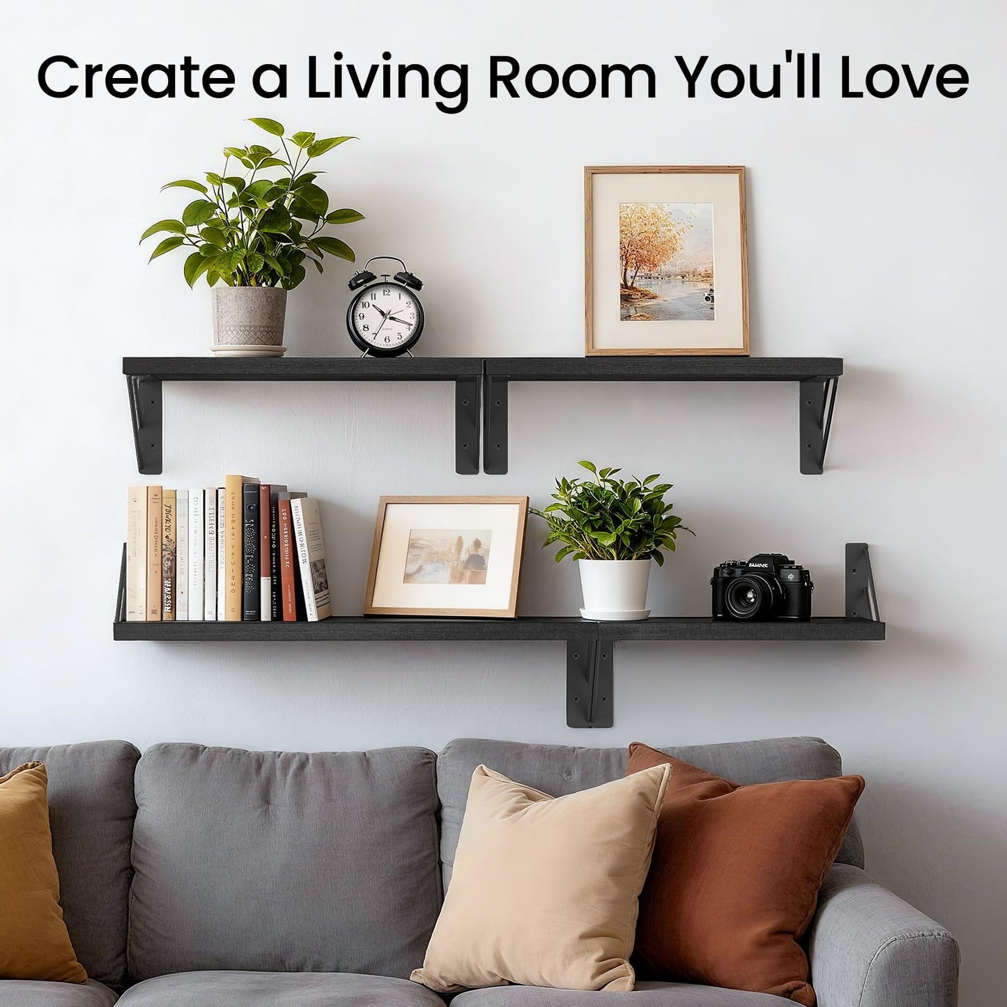 BAYKA Wall Mounted Floating Bathroom Shelves, Wood Wall Shelf for Books & Decor, Space-Saving Display & Organizer (Black, Set of 4)