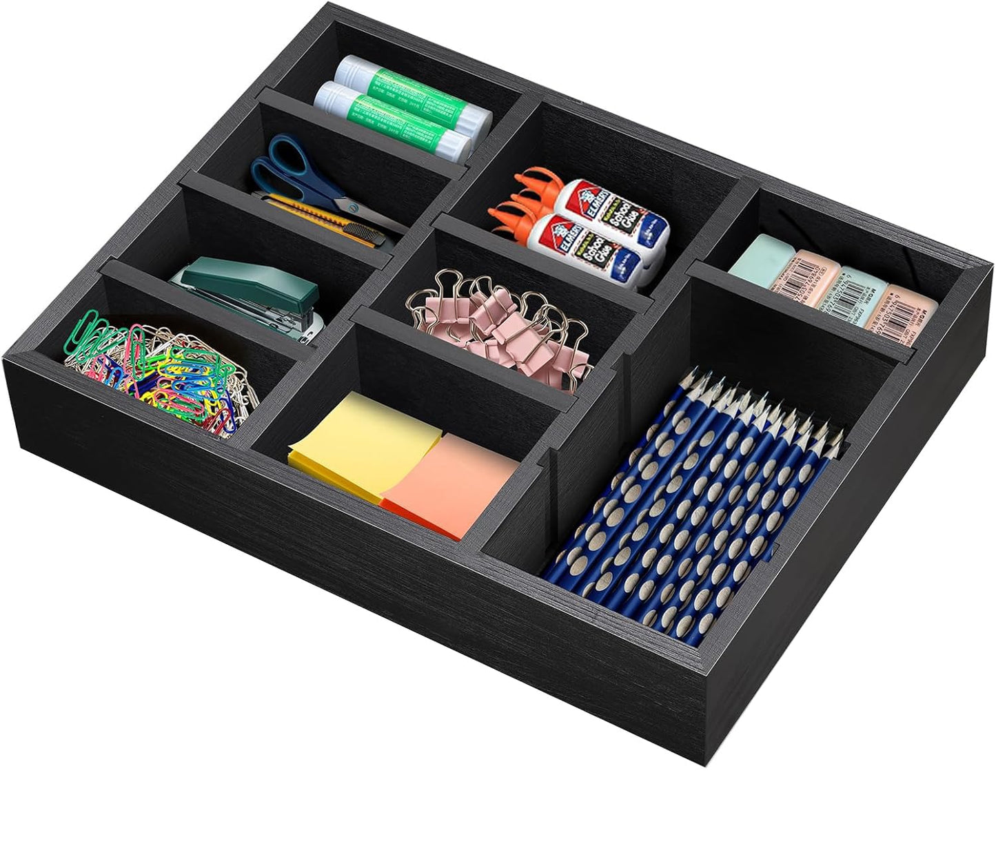 Wooden Desk Drawer Organizer, 9-Slot Office Organization and Storage Box, Adjustable Natural Wood Desktop Tray for Pens, Sticky Notes, and Small Accessories, Aesthetic Home Office Decor (12 x 9 In)