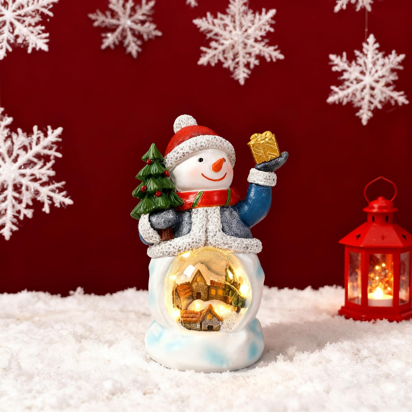 Yiosax Christmas Indoor Decorations Snowman Figurine Snowman House Light Decor Christmas Village Houses Statue Decorations Table Gift Winter Decor