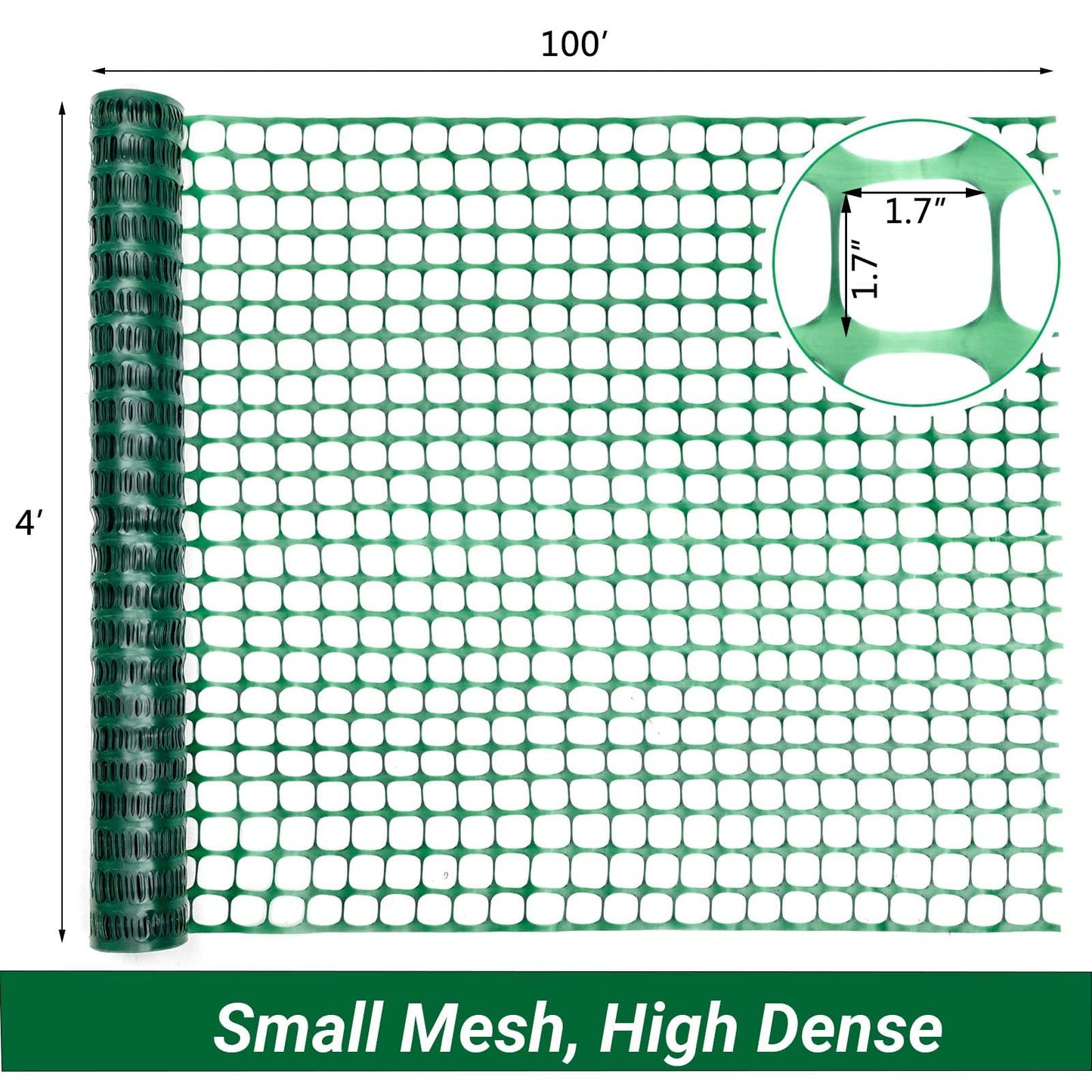 DOEWORKS Safety Fence, 4 x 100 FT Green Plastic Mesh Fence Roll Barrier Netting for Construction Fencing Animal Fencing Garden Fencing and Event Fencing