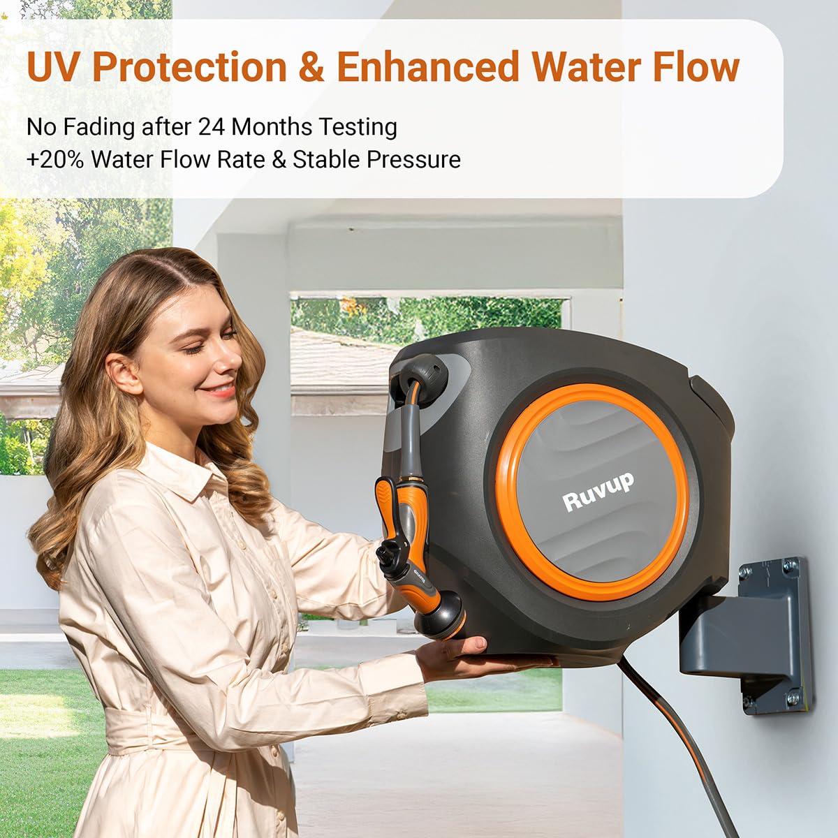 Ruvup Retractable Garden Hose Reel with Metal Bracket, 5/8in x 100ft+6.5ft Water Hose Reel, UV Resistant Automatic Hose Reel Wall Mount for Outside, Slow Retraction Any Length Lock 10 Spray Nozzle