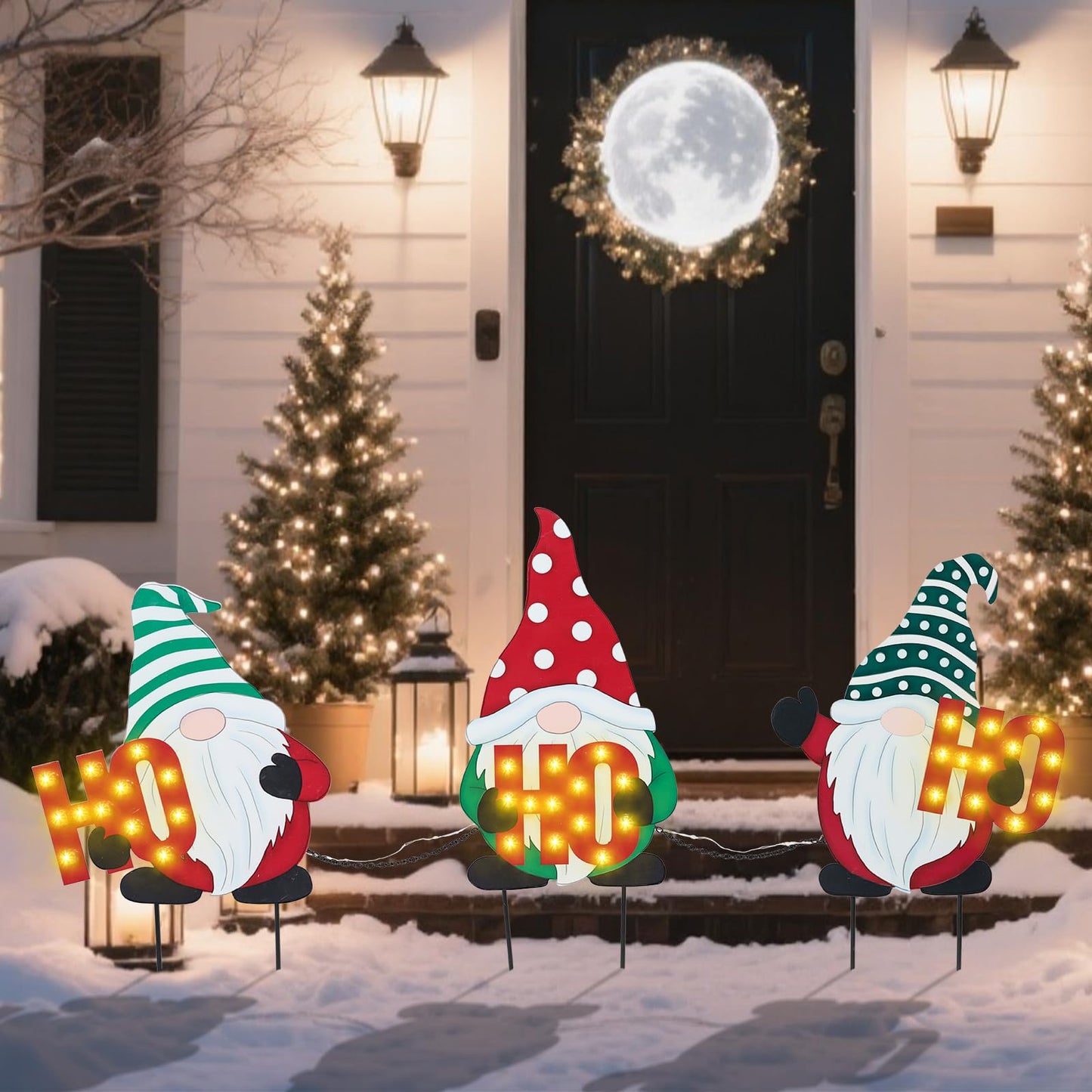 WONDER GARDEN 3 PCS Christmas Yard Signs Christmas Decorations Outdoor, Metal Xmas Yard Stakes Gnomes Lawn Decor, Xmas Garden Stakes with Led Lights for Patio Pathway Outside Decorations