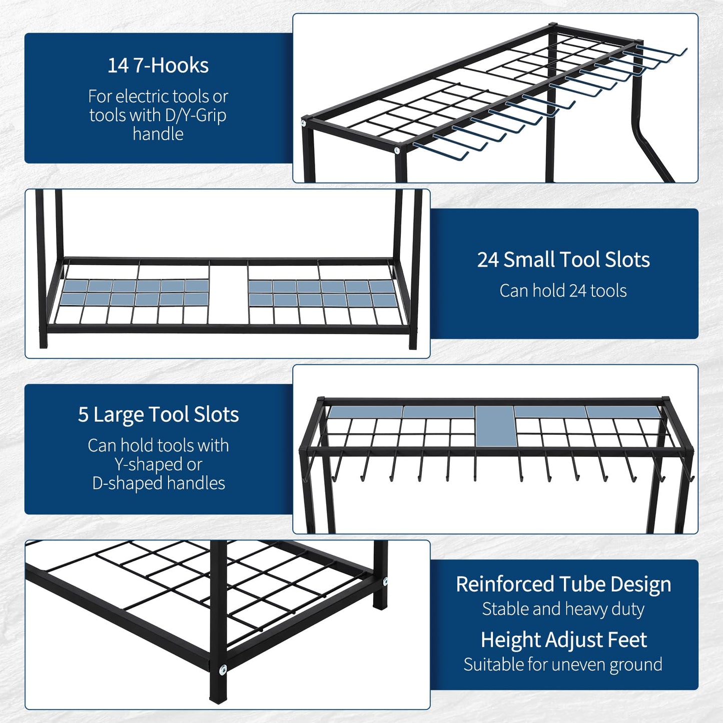 Garden Tool Organizer 2 Tier Yard Storage Rack With14 Hooks,Heavy Duty Holder With 43 Long-Handled Slots,Freestanding Tool Organizers and Storage for Yard Shed and Lawn