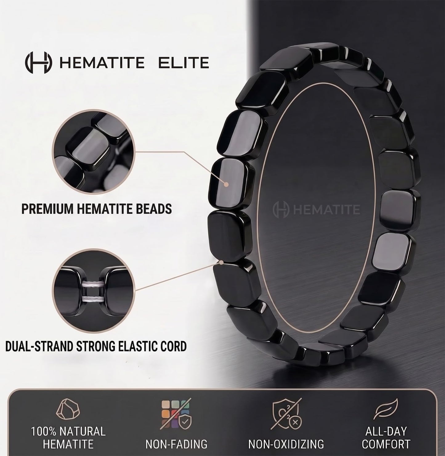 Jingming keji Mens Real Hematite Bracelet 7.8 inch - Natural Stone Square Beaded Black Jewelry with Strong Double Elastic Cord Wellness Power Bracelet with Gift Box