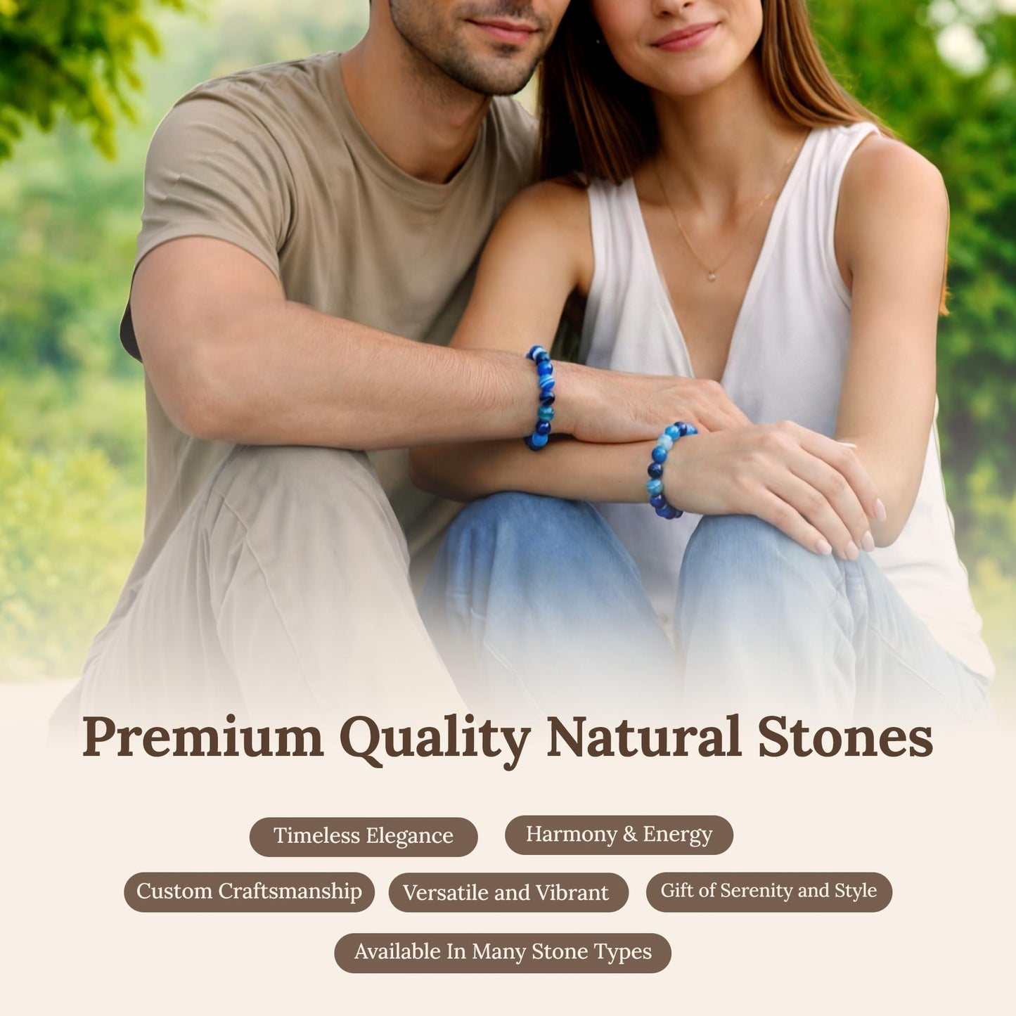 Elm City Direct 8mm Natural Stone Beaded Bracelet – Unisex Crystal Stretch Bracelets for Men & Women, Chakra & Healing Jewelry, Gift-Ready Beaded Bracelets (Blue Striped Agate, 8mm)