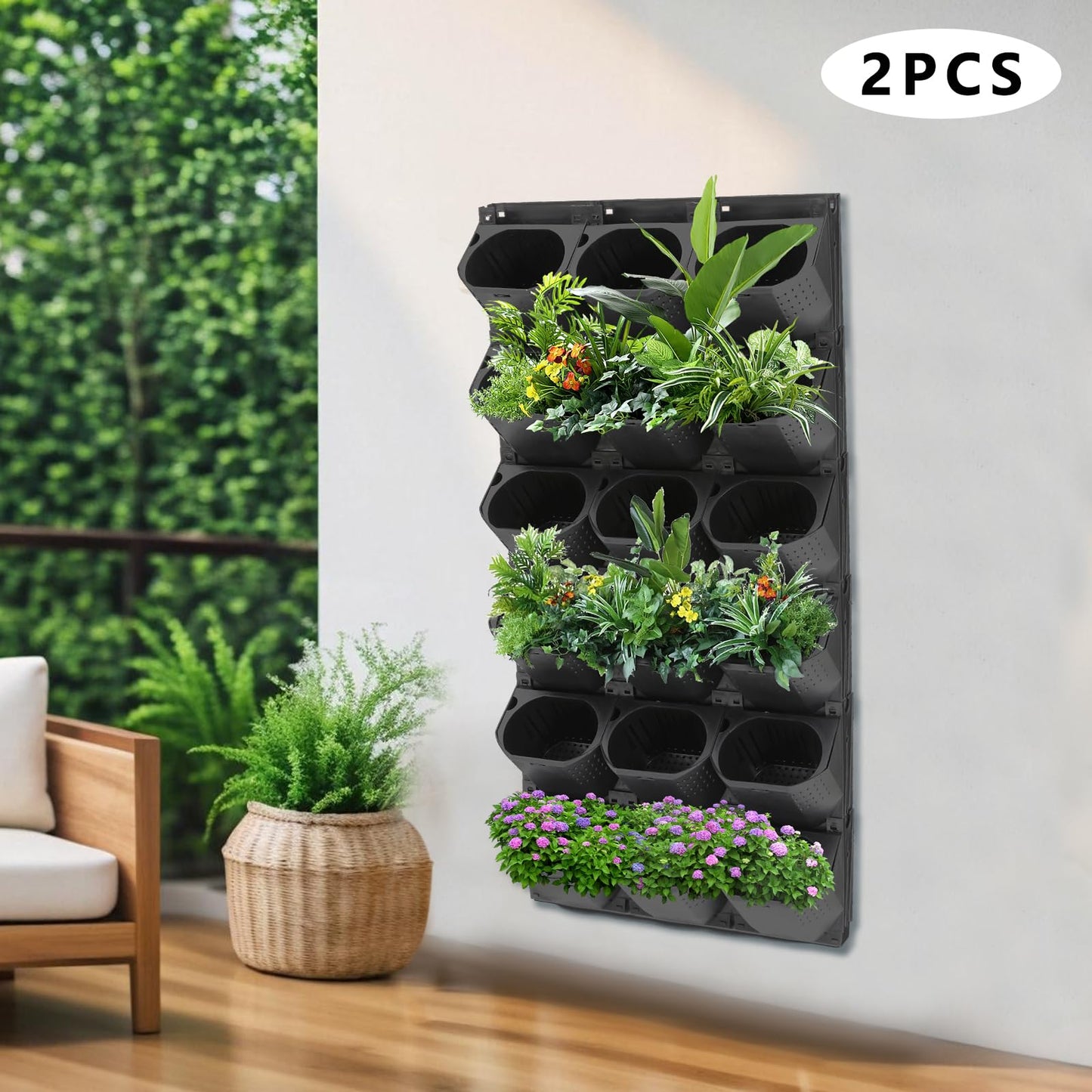Eapmic Vertical Wall Planter with 36 Pots, Hanging Garden Plant Flowerpot Holder, Stackable Wall-Mounted Planter, Balcony Planters for Flowers Vegetables Fruits (Black, 36 Pots)
