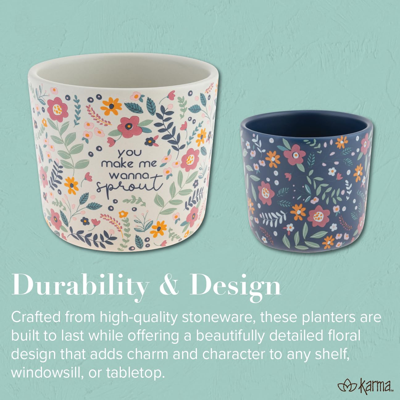 Karma, Ceramic Floral Planter Set of 2, Modern Boho Planters, Flower Plant Pots Indoor Plants, Ceramic Planter, Sprout