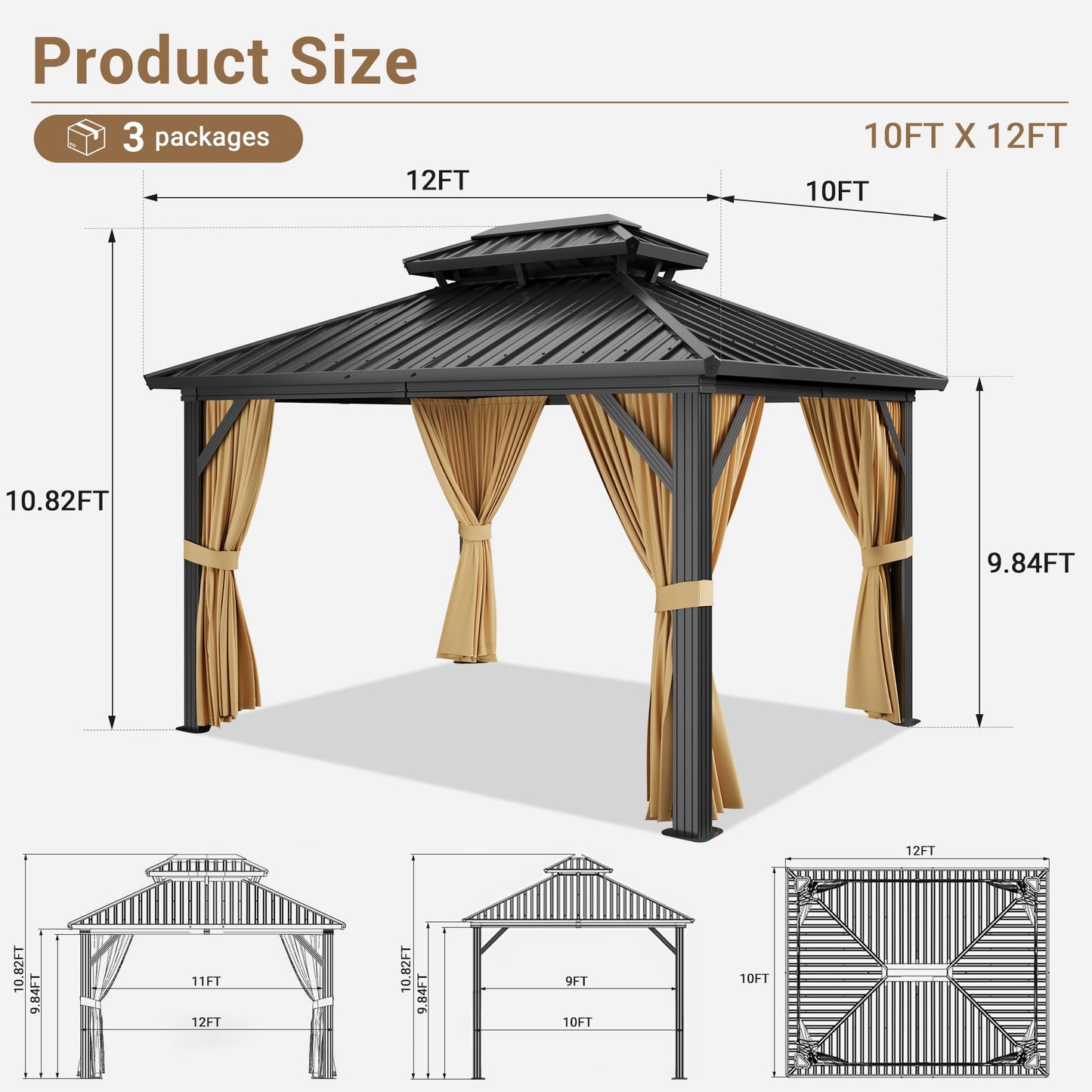 10x12 FT Hardtop Gazebo with Galvanized Steel Double Roof, Heavy-Duty Aluminum Frame Outdoor Gazebo Canopy with Mosquito Netting & Waterproof Curtains for Patio, Backyard, Deck & Lawn