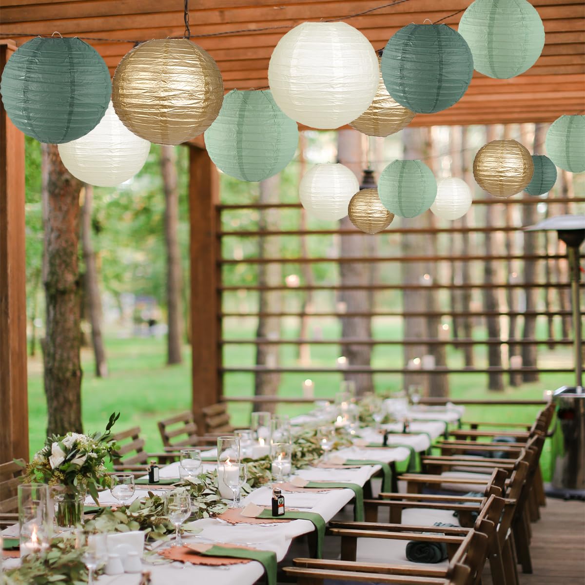 zilue Paper Lanterns Decorative, Round Hanging Paper Lanterns Decorations for Rustic Party Bridal Shower Wedding Sage Green Birthday Party Supplies Gold/Ivory/Sage Green 15pcs