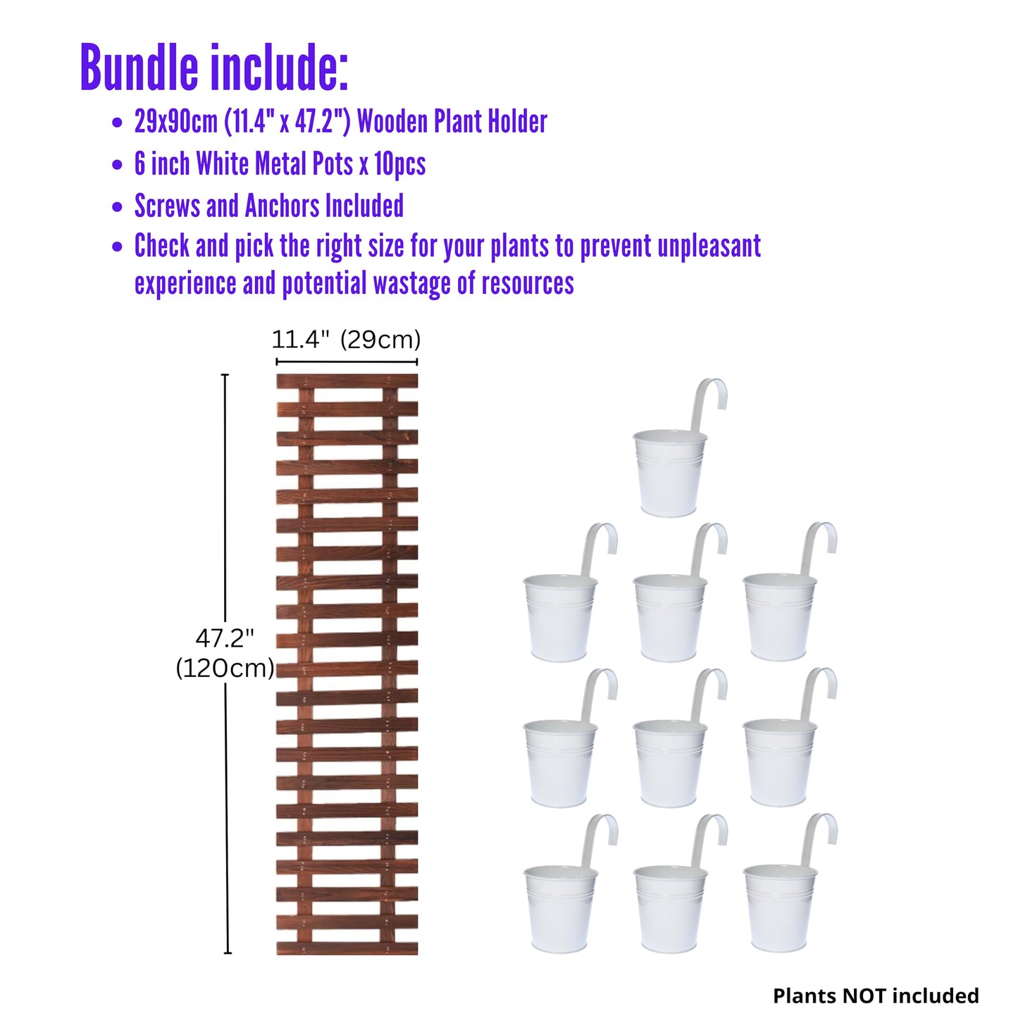 ShopLaLa Bundle - 6" Pot + Wooden Plant Holder, White Large Metal Flower Pot, Vertica Hanging Planters for Indoor Plants, Wall Mounted Plant Stand Ladder Outdoor Display Garden, Wooden Trellis Plants