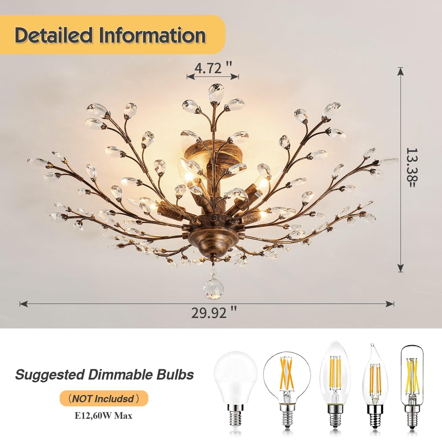 CVKASH 5 - Light Vintage Crystal Chandelier Modern Bronze Branche Ceiling Light Fixture Farmhouse for Kitchen Dining Room Living Room Bedroom Hallway Foyer
