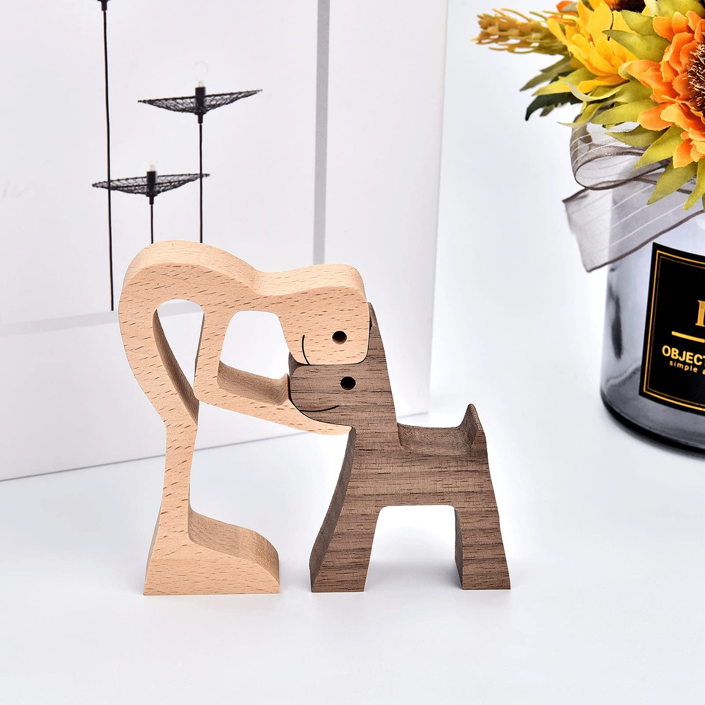 KINGNOW Accent Decor Men and Dog Figura Decorativa Wooden Gift Home Accents