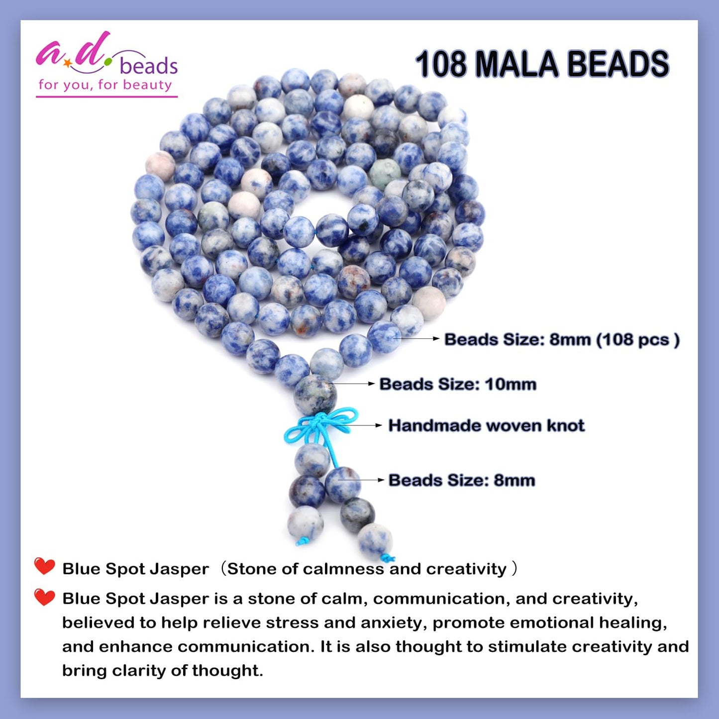 AD Beads 8mm 108 Prayer Mala Blue Spot Jasper Elastic Bracelet - Calmness and Creativity - Handmade Yoga Meditation Healing Power Energy Gifts for Unisex Adult.