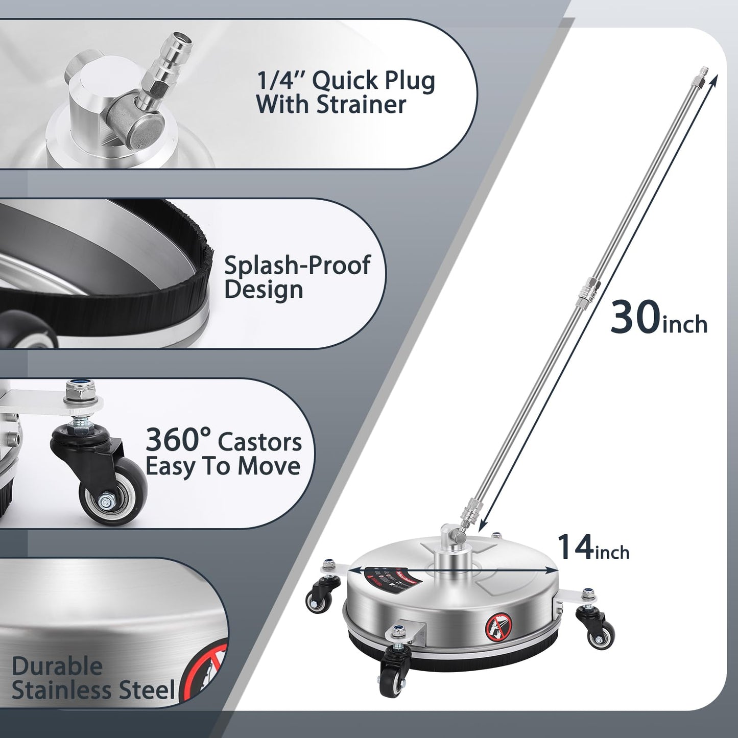 Dalmbox 14" Pressure Washer Surface Cleaner with 4 Wheels, 1/4" Quick Plug, Stainless Steel Housing, 4000 PSI, Pressure Washer Surface Cleaner Attachment for Patio, Courtyard, Concrete, Sidewalks