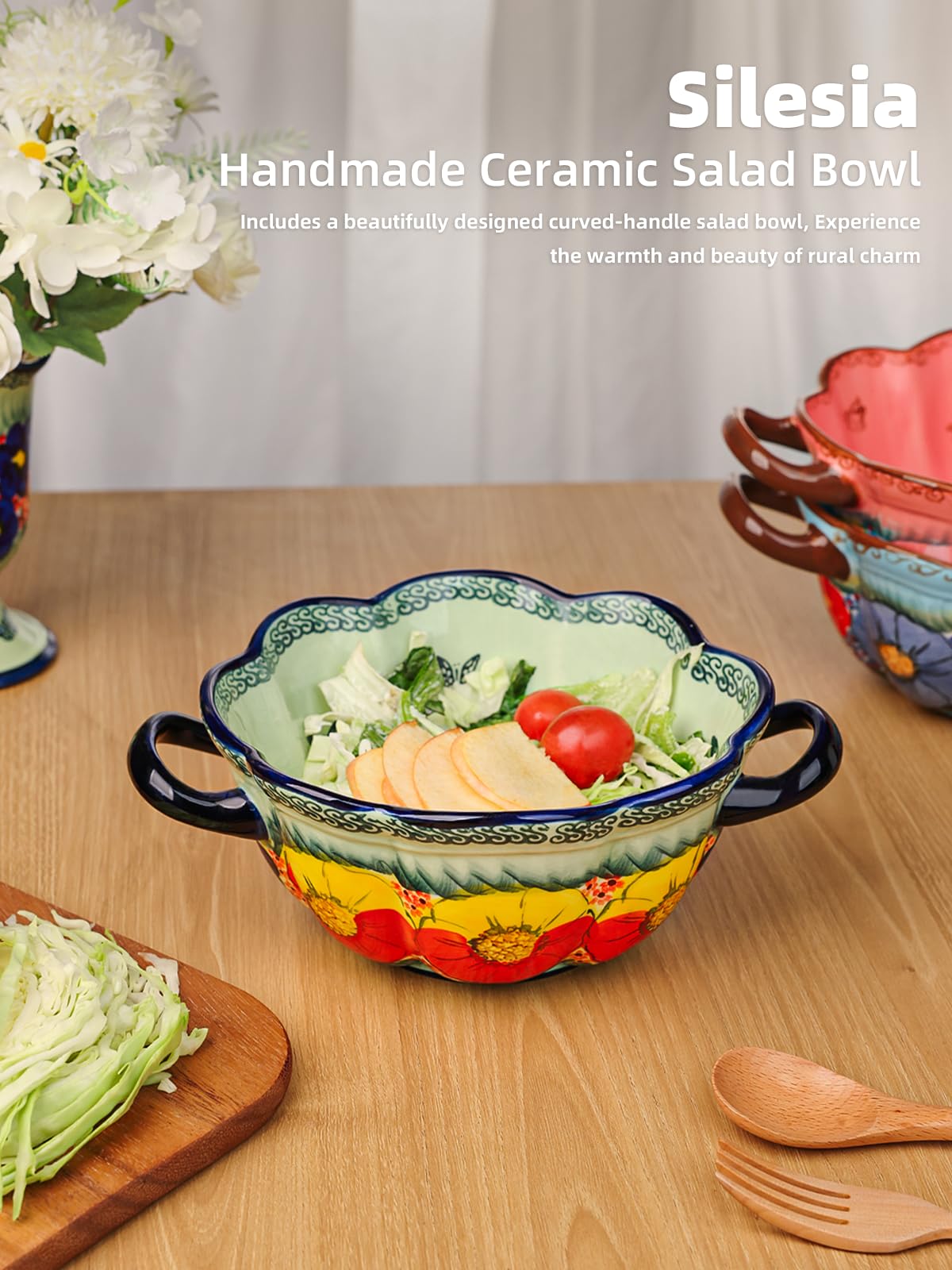 silesia Handmade Salad Bowls with Handles, 45 oz Hand-Painted Serving Bowl, Large Ceramic Crocks for Soup, Pasta, Stew, Microwave & Dishwasher Safe, Kitchen Decor Gift (Glazed Green)