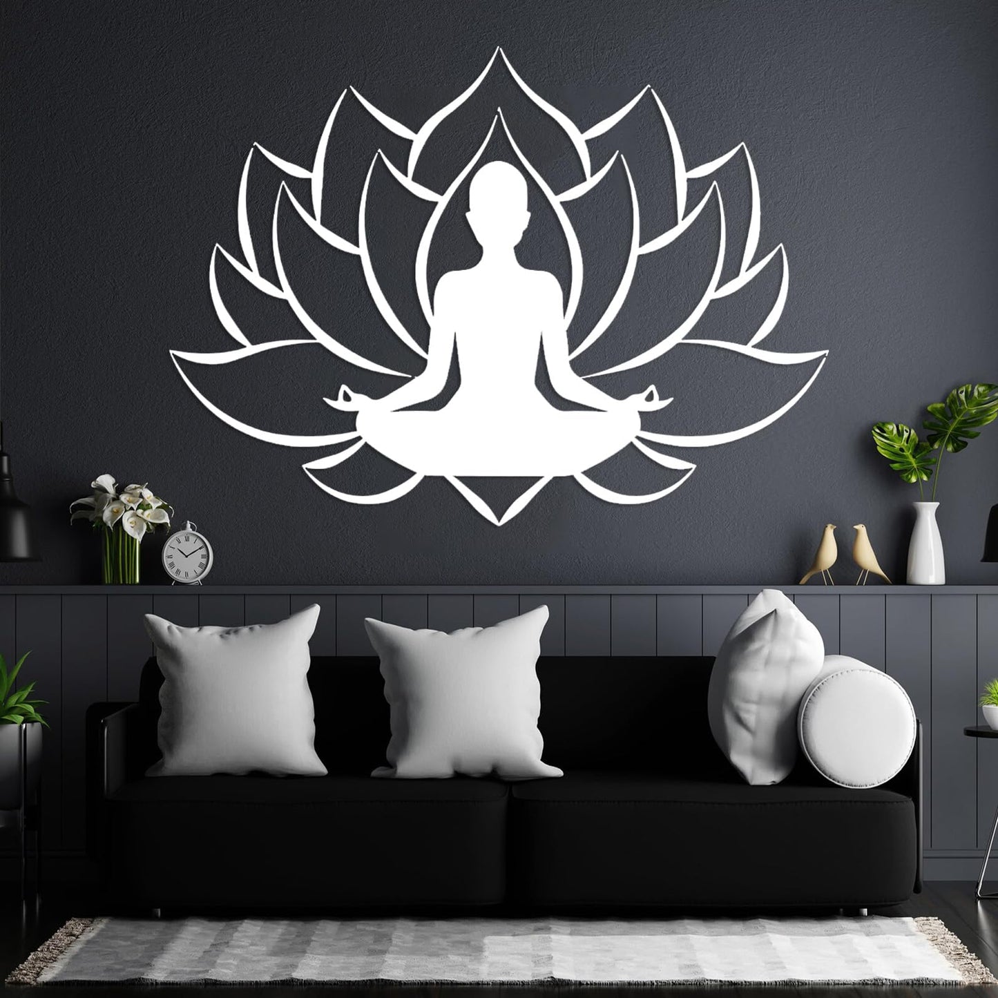 Veplsur Lotus Flower Decor, Metal Zen Wall Art, Yoga Zen Sign Decorative, Yoga Decor, Lotus Wall Hanging, Meditation Wall Art, Symmetry Art, Yoga Studio Decor, Home Decor (Black, 24"x17"|60x44cm)