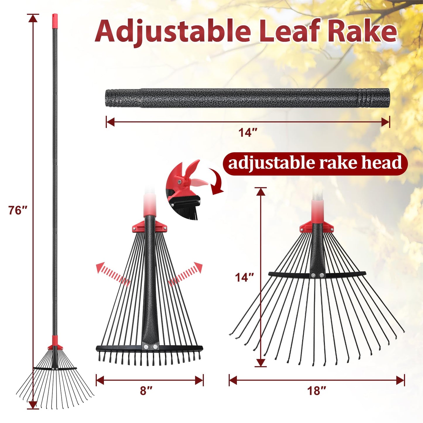 76Inch Adjustable Metal Leaf Rake, 18 Metal Tines Heavy Duty Leaves Rake for Lawns with 8-18" Expandable Head Long Handle Garden Rakes for Women Kids Leaves Yard Gardening Grass Outdoor Camping Debris