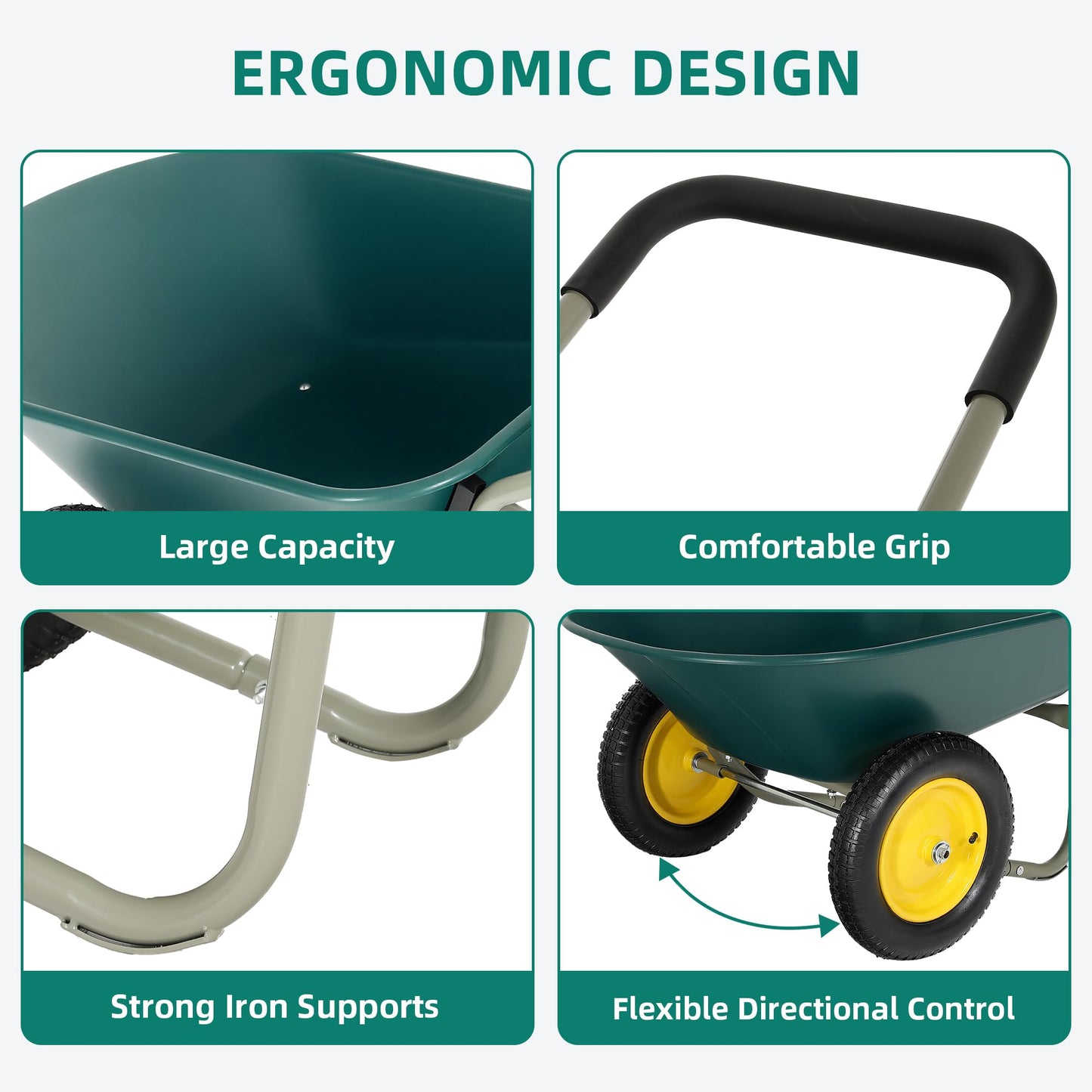 Ultym 2 Wheel Wheelbarrow, Dual-Wheel Garden Dump Cart with 13" Non-Slip Pneumatic Tires & Ergonomic Padded Handle, Heavy-Duty Home Utility Yard Cart Wagon with 4.5 Cu Ft Capacity for Lawn, Gardening