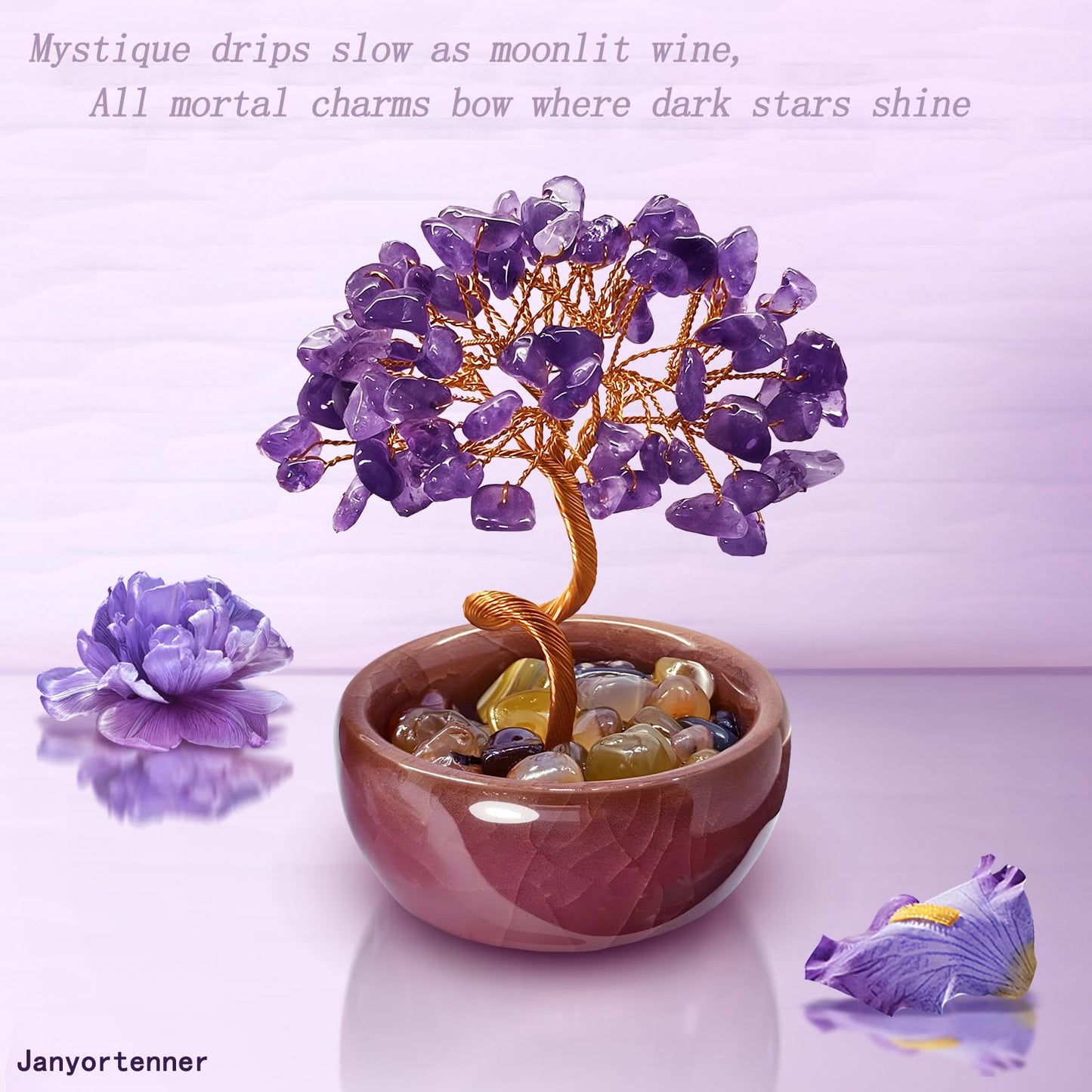 Janyortrenner Mini Amethyst Crystals Tree of Life,Mystical Energy Home Office Desk Decor,Handmade Crystal with Copper Wire and Crackle Glaze Base,Spiritual Gift