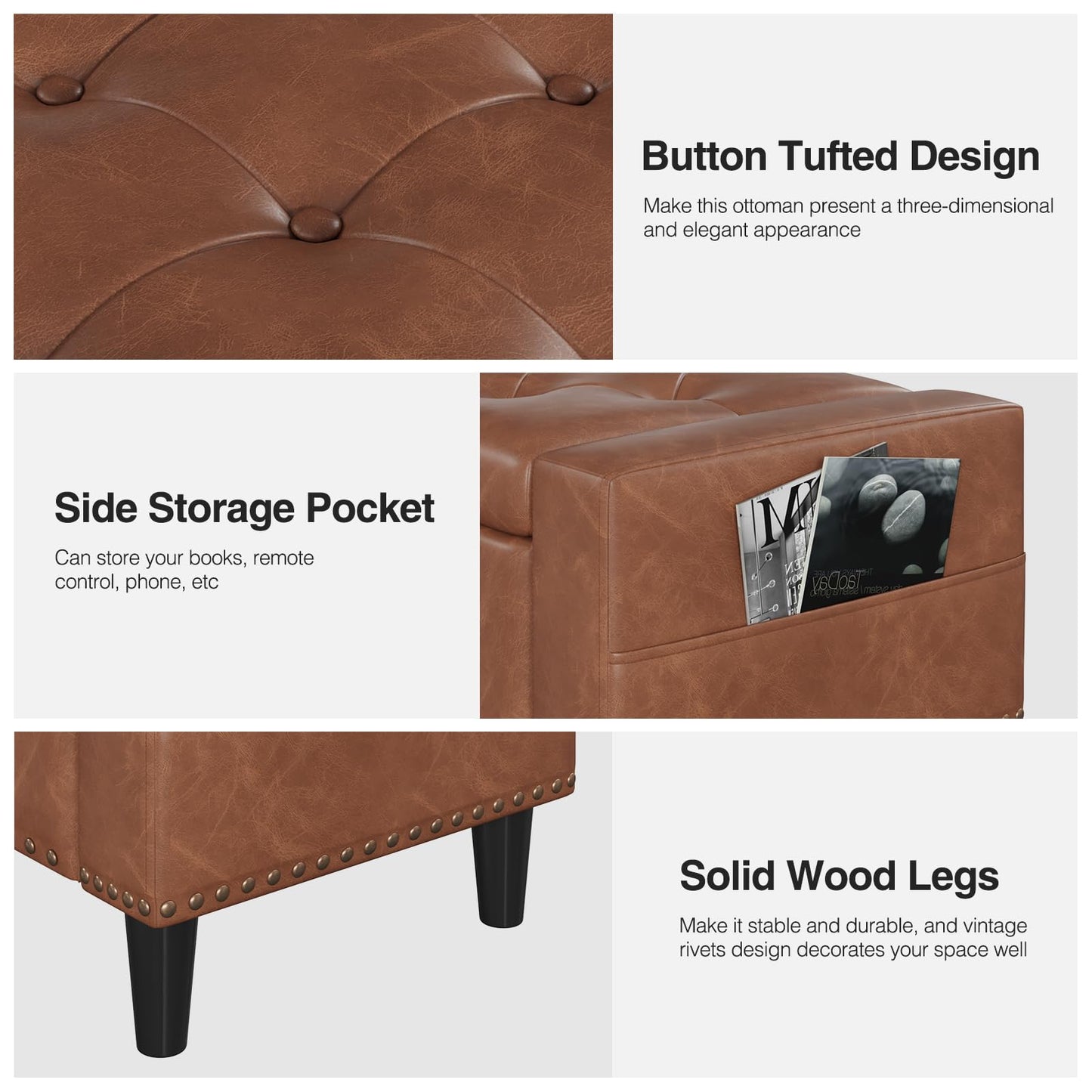60" Storage Ottoman Bench, Faux Leather Bed Bench with Tufted Buttons and Nailhead Trim, Large Upholstered Ottoman with Storage for King Size End of Bed, Bedroom, Living Room, Entryway, Hallway, Brown