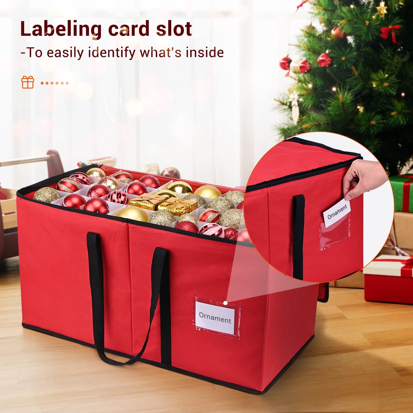 Mrrihand Christmas Ornament Storage Box, Xmas Decoration Organizer with Adjustable Dividers - Storage Container Keeps 128 Holiday Ornaments 3-Inch, Dual Zipper Closure, 600D Tear-Proof Material(Red)
