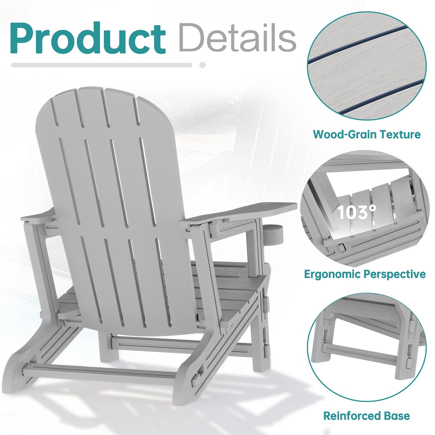 Shintenchi Adirondack Chairs Set of 2,HDPE Adirondack Chairs w/Removable Tablelop & Umbrella Hole,All-Weather Wooden Textured Plastic Outdoor Chairs w/Cup Holders for Garden Backyard Pool,Light Gray