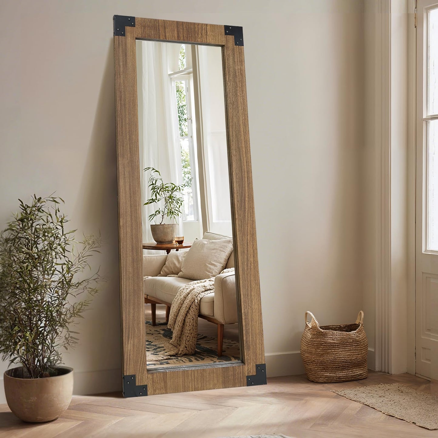 LXWZHK 65x24 Inch Full Length Mirror, Wooden Frame Full Body Standing Mirror with Metal Decorative, Light Walunt