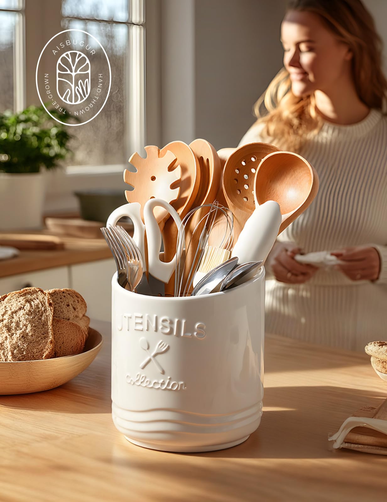 AISBUGUR Large Ceramic Utensil Holder: 7.5" H×6.3" W with Slanted Mouth - Utensil Crock with Non-Slip Cork Base for Kitchen Counter, Ideal for Decor & Gift,white utensil holder