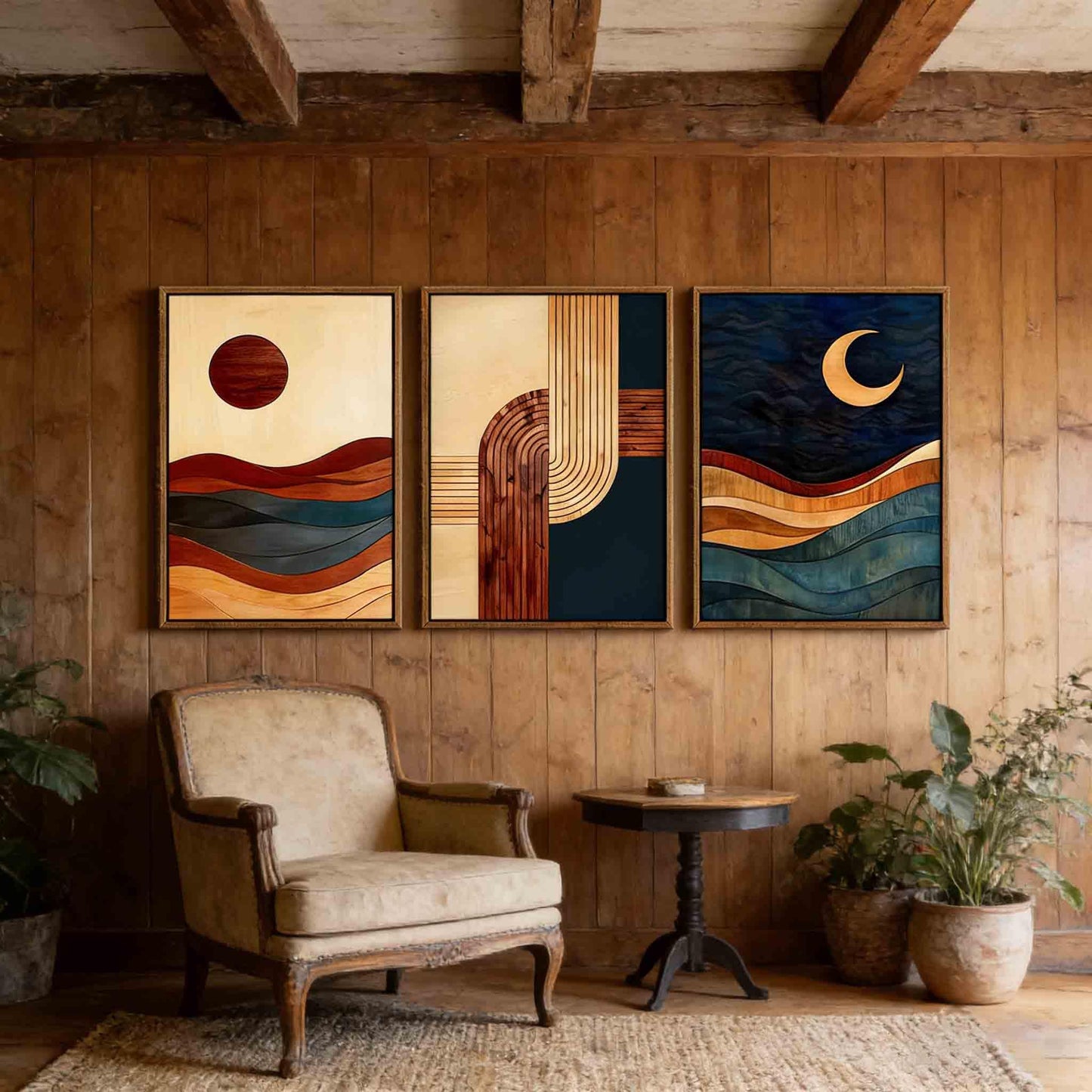 【3-Piece】 16x24 Inch Framed Sun & Moon Modern Abstract Wall Art - Boho Mid-Century Geometric Canvas Decor for Living Room