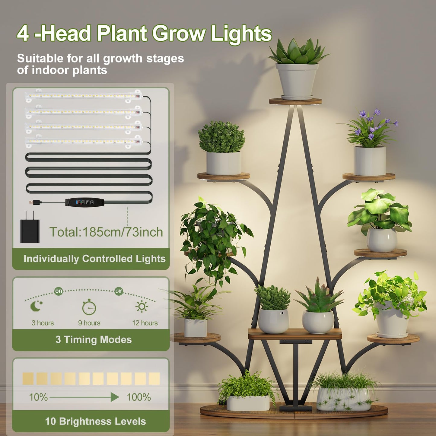 Plant Stand Indoor with Grow Lights - 51" Tall Christmas Tree-Shaped Corner Plant Shelf, 9 Tiered Metal Plant Rack with Adjustable Brightness & Timer, Sturdy Display Stand for Plants, Balcony Decor (Black)