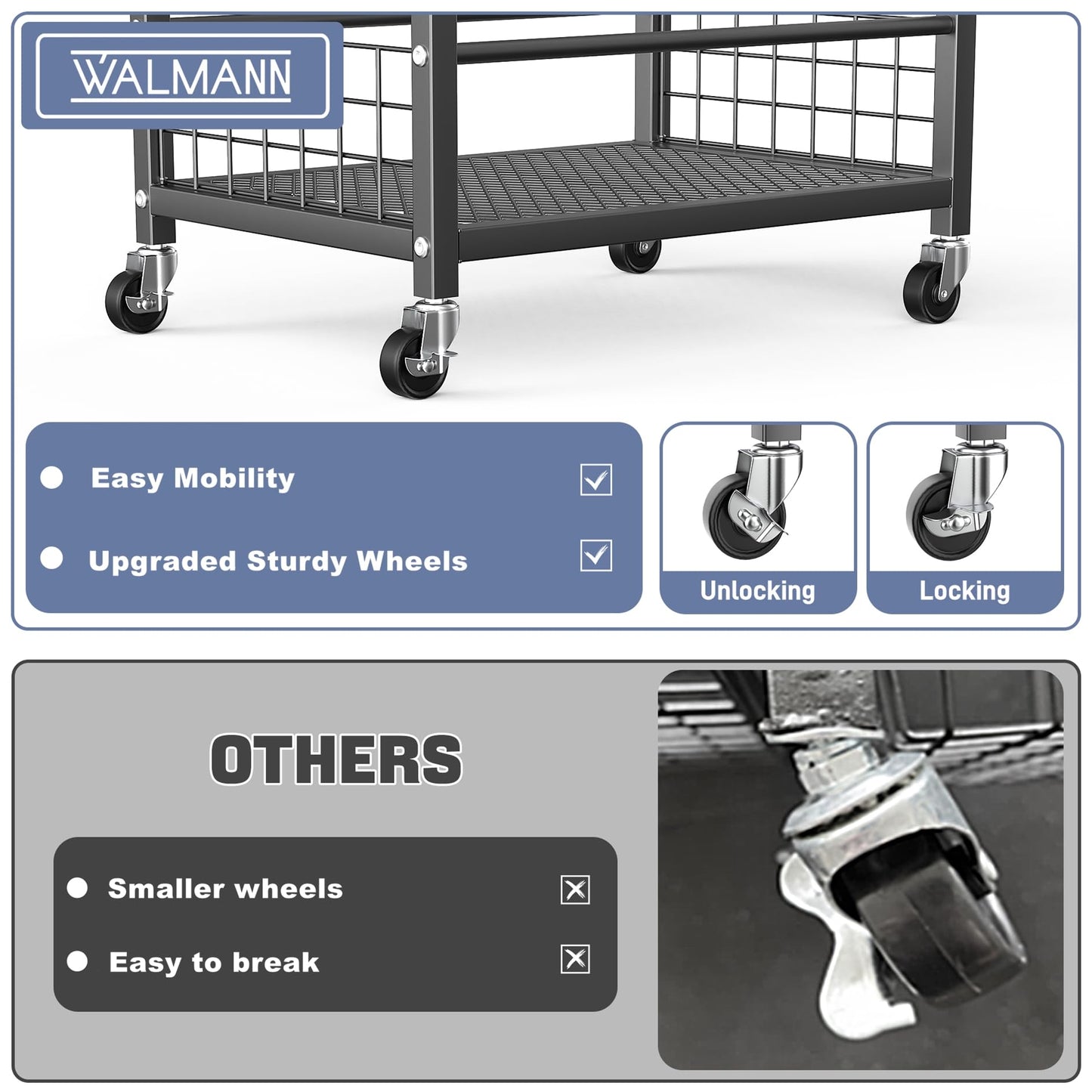 WALMANN Garden Tool Organizer with Wheels for Garage, Rakes/Shovels/Yard Tools Storage Stand for Garden, Shed, Indoor/Outdoor Long-Handled Tools Rolling Cart