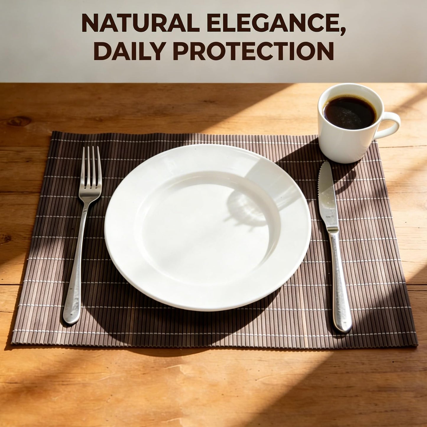ANDSTAR 8-Pack Natural Bamboo Placemats Set - Reusable Rectangular Heat Resistant Table Mats for Everyday Use, Camping, Picnics, Party Decor - Easy to Clean & Store, Lightweight (Coffee)