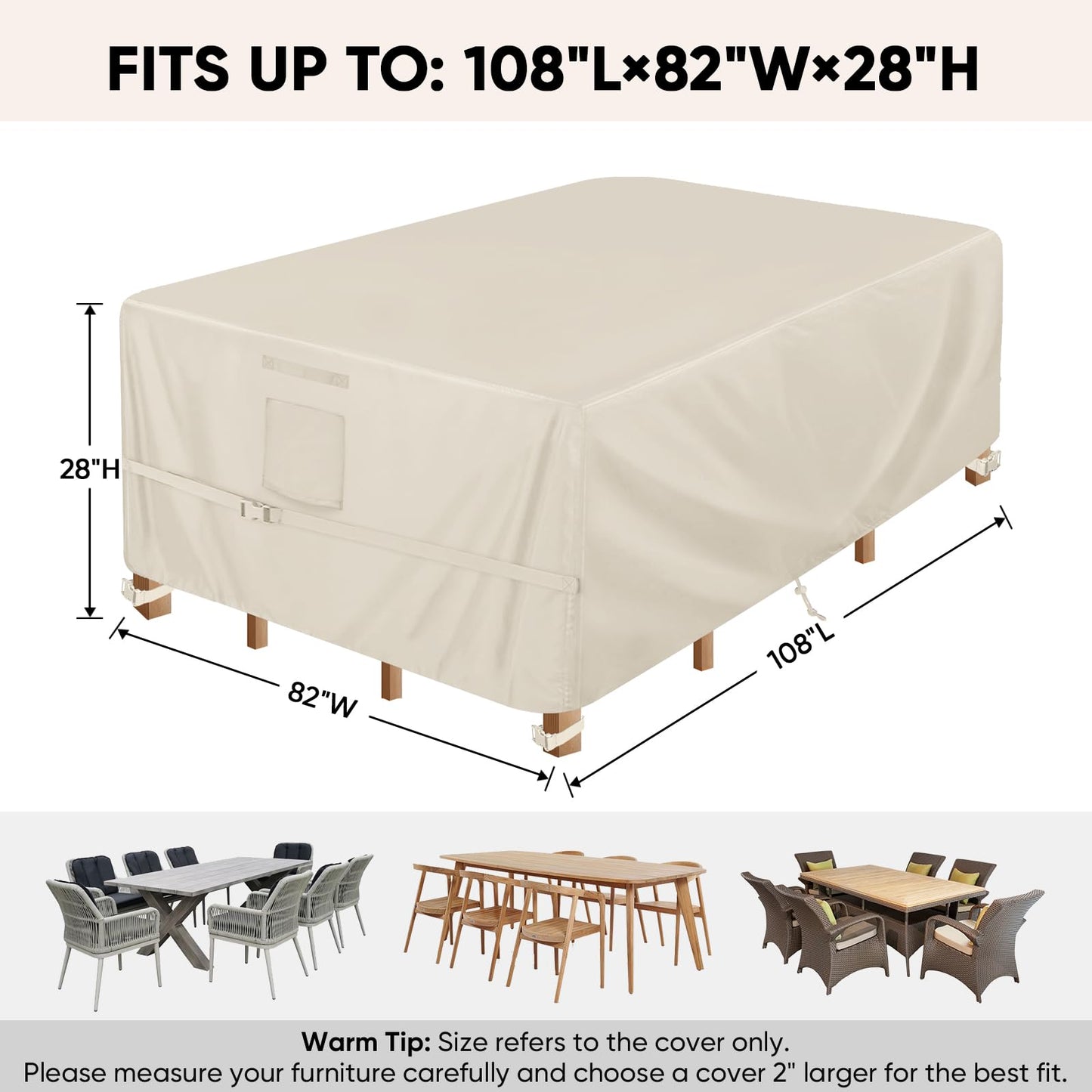 BALEINE Patio Furniture Covers, Outdoor Furniture Covers Waterproof, Heavy Duty Oxford Patio Table Cover for Outdoor Table, Chair, Sofa, Desk (Beige 108"L×82"W×28"H)