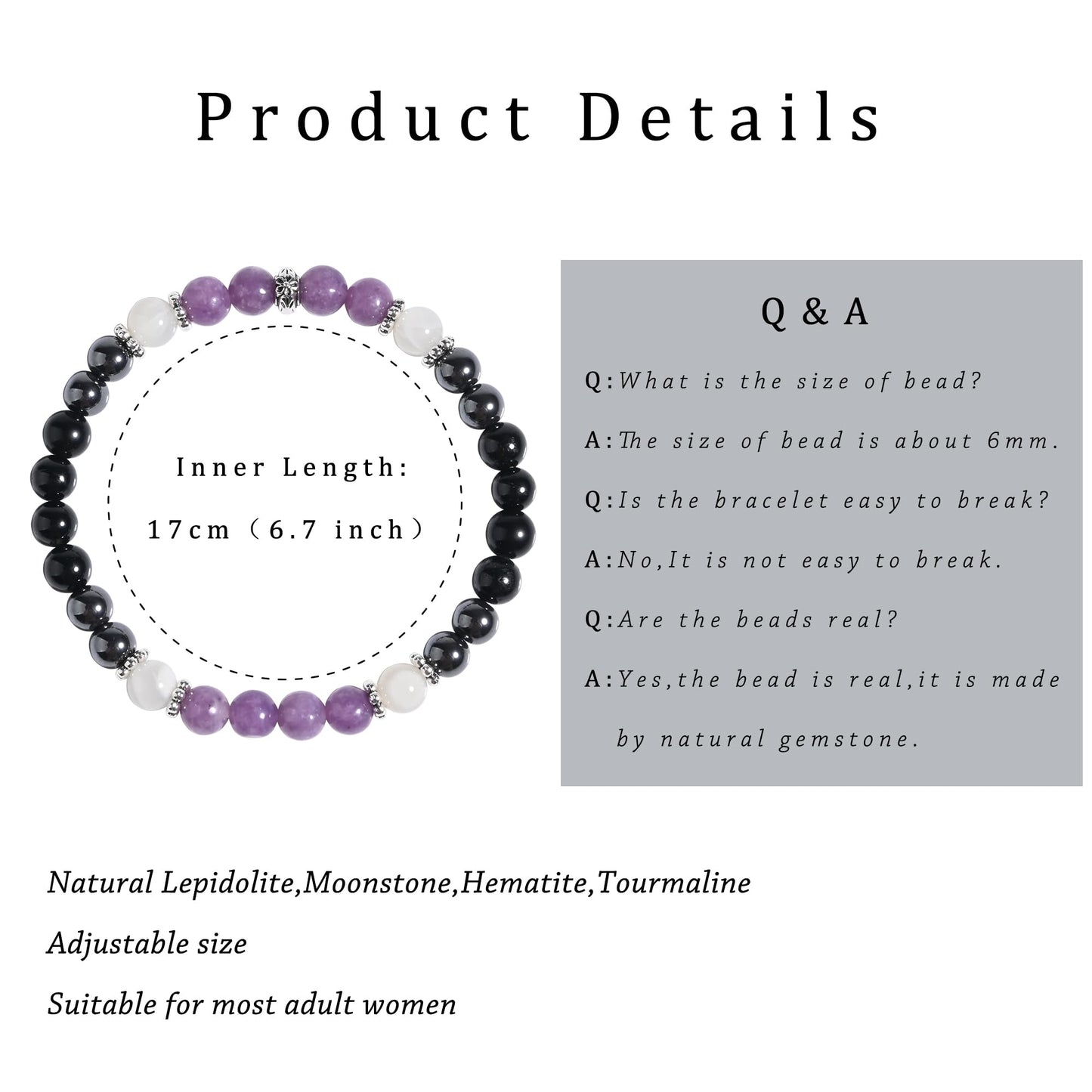 Gracayfr Anxiety Relief Bracelet New Beginnings Gifts Lepidolite Black Tourmaline Hematite Moonstone Emotional Healing Crystal Protection Items Jewelry For Women Lepi Moon