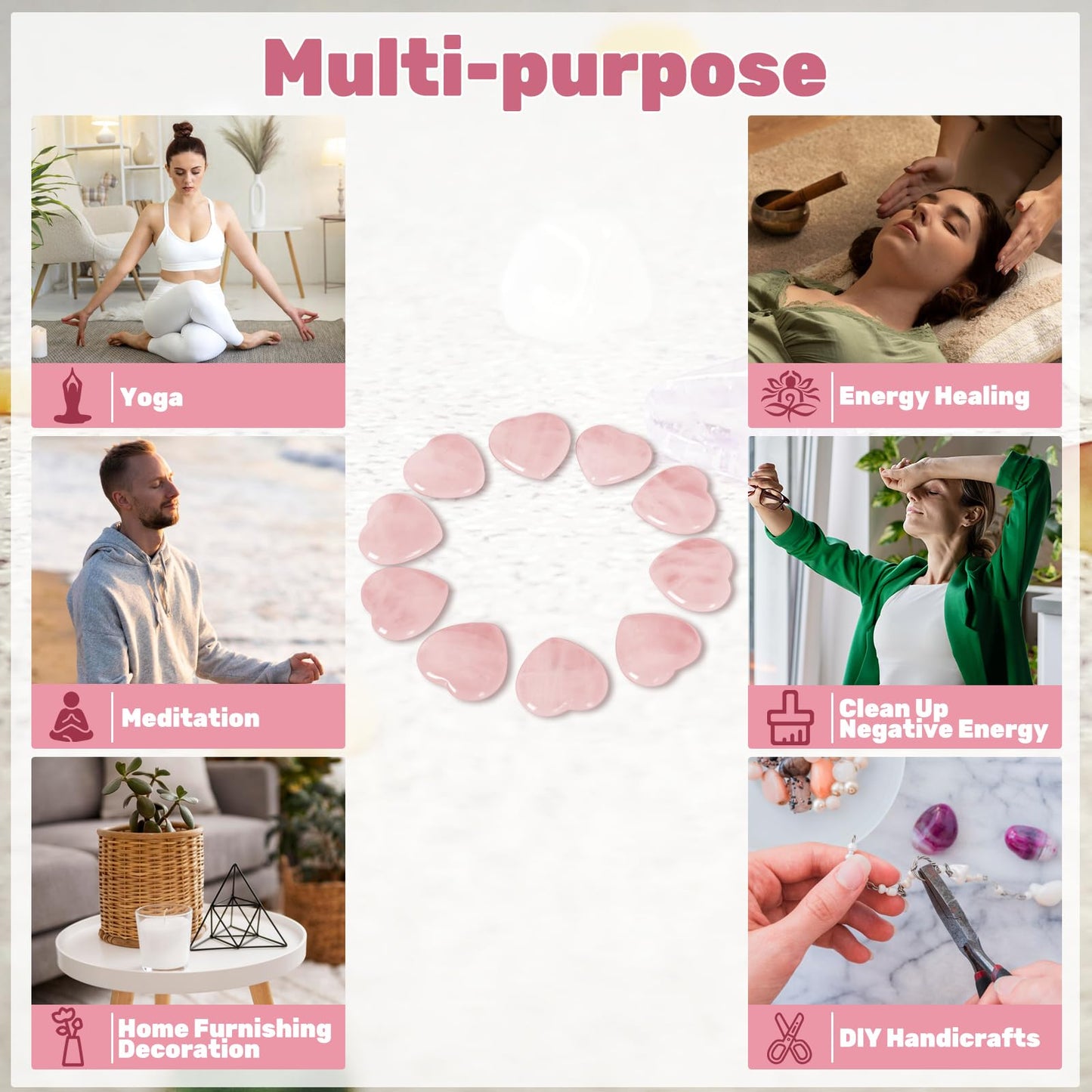 Ditind 10PCS Rose Quartz Heart Healing Crystals – Natural Handcrafted Gemstones for Love, Energy Balancing & Meditation, Crystals and Healing Stones for Spiritual Growth & Relaxation.