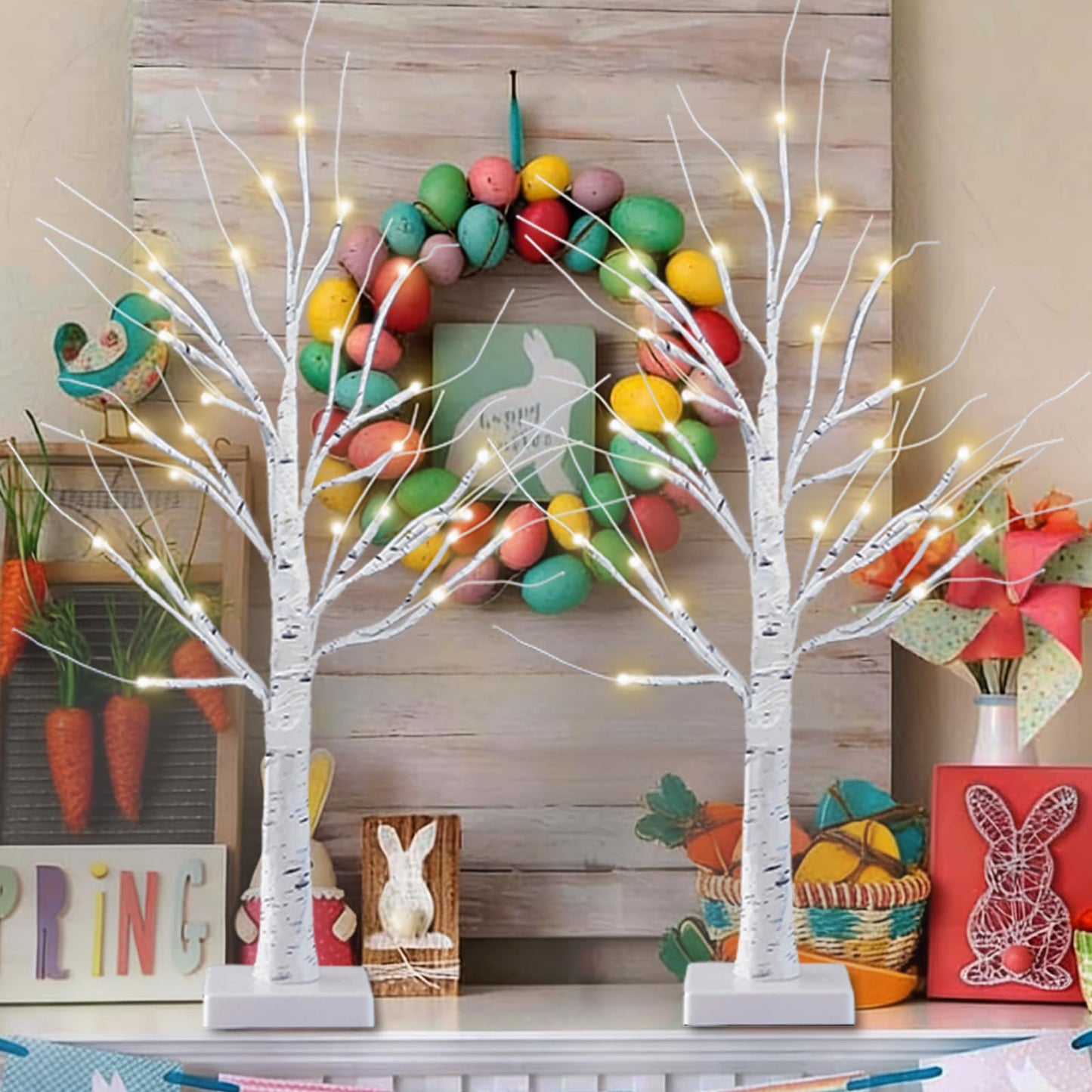 2-Pack 2FT Lighted Birch Tree with Timer for Easter Decorations Indoor, Artificial Birch Tree with 48 LED Warm White Lights, Fairy Light Tabletop Centerpiece Tree for Christmas Winter Deocrations