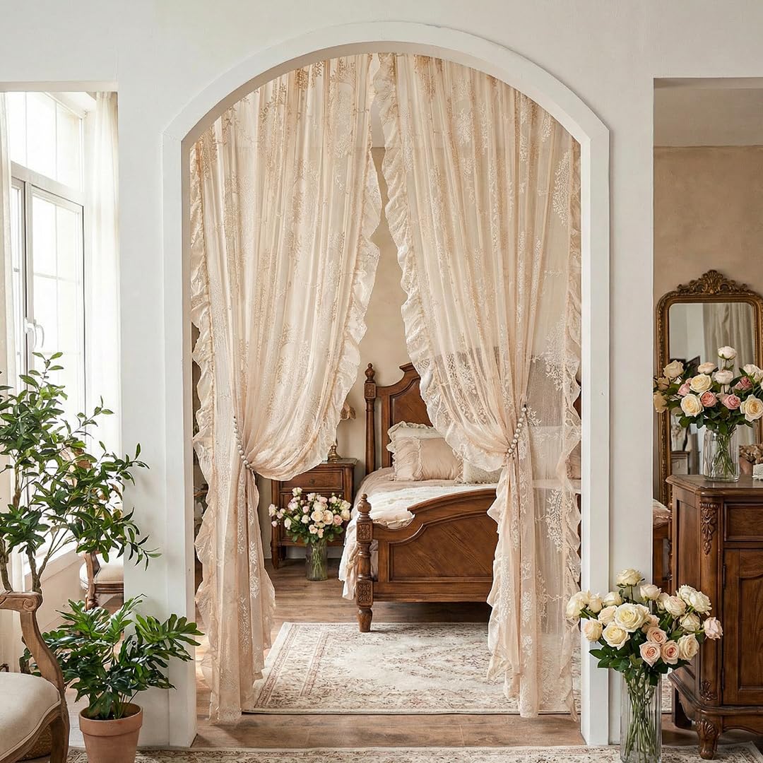 LOHUT Beige Lace Curtains for Bedroom 2 Panels Set Cute Vintage Curtains Sheer Floral Embroidery,52W*63L