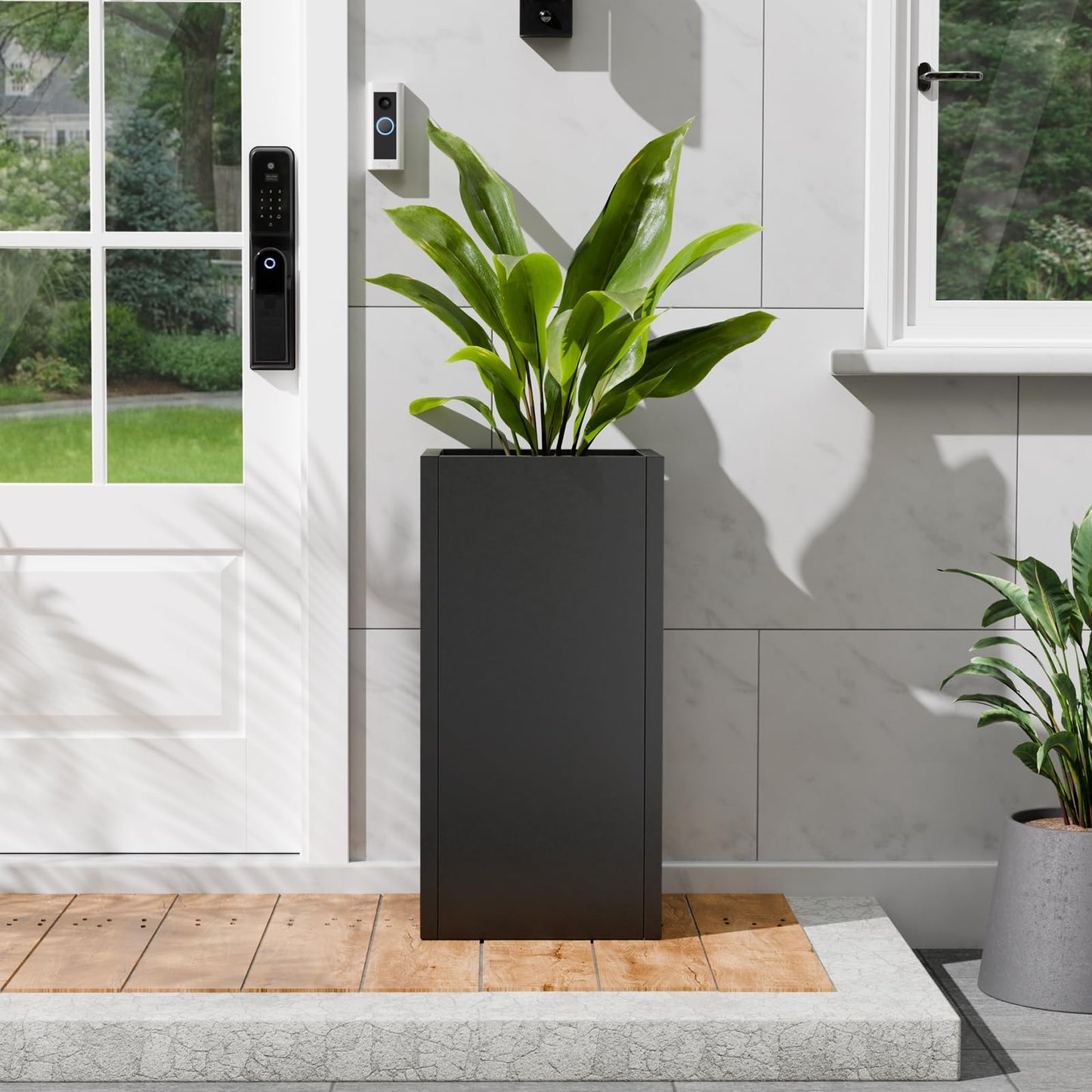 Diyfire Tall Metal Planters Box for Outdoor Plants - 23.6" Modern Steel Tall Square Planter with Removable Insert Shelf, Heavy Duty Pedestal Planter Front Porch Decor Patio Garden Office, Black