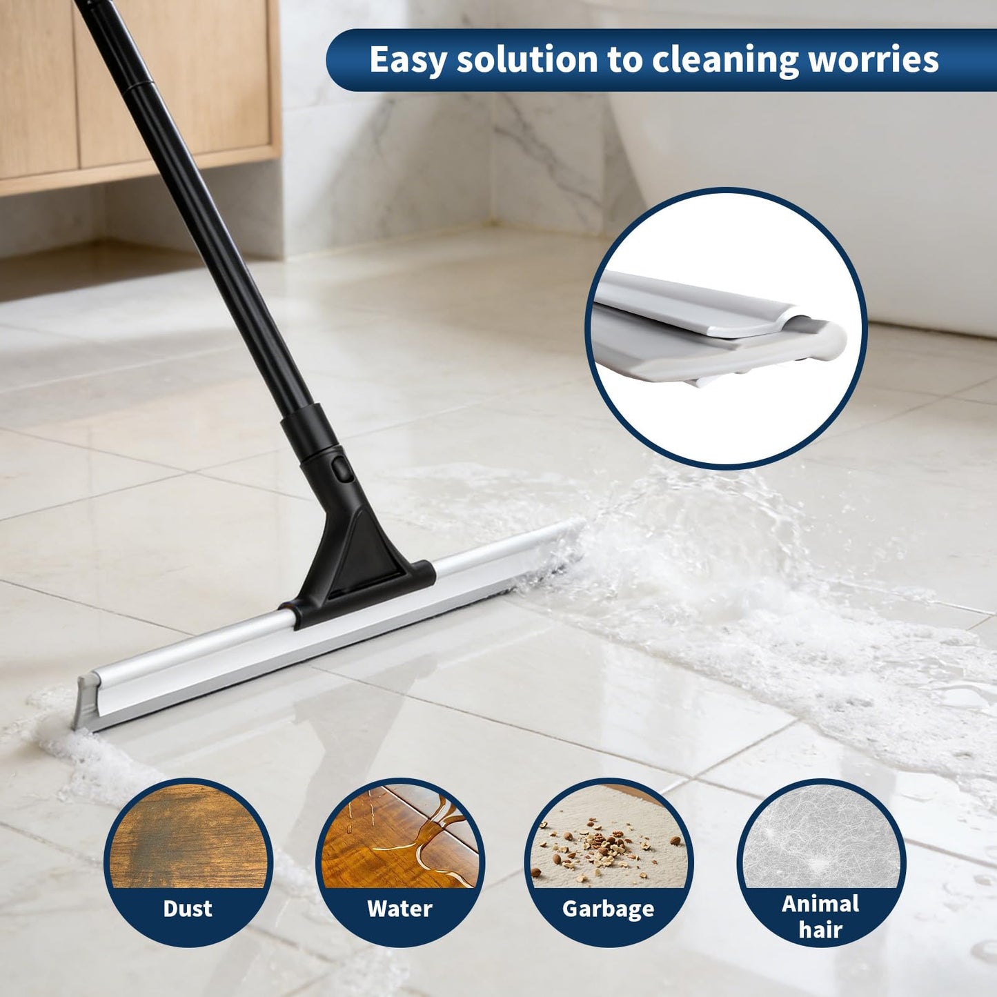 3-in-1 Floor Brush with Squeegee and Adjustable Long Handle, Push Broom with Rubber Squeegee, Suitable for Warehouses, Glass, Floors, Tiles, Hardwood Floors, Decks and Patios