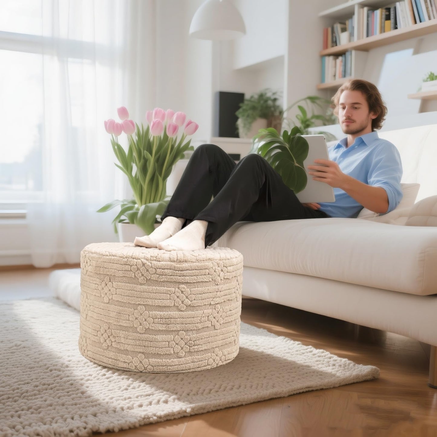 Asuprui Pouf Ottoman Foot Rest – Plush Round All-in-one Foam Stool for Cozy Lounging, Floor Pouf & Chic Decor (Light Coffee)