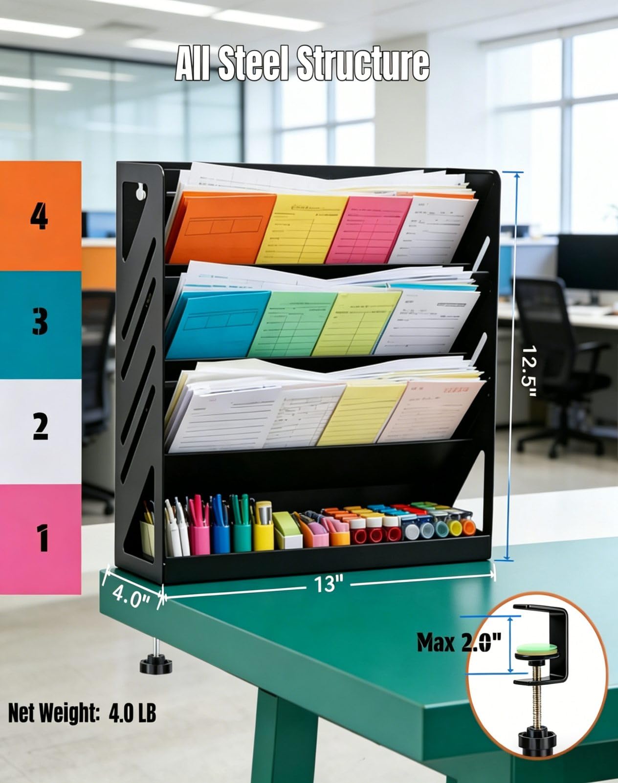 Yuxh 13 inch Clamp Desk File Organizer 4 Tier Wall Mail Holder Multi-mount Hanging Paper Rack Stable without Shaking Office Bills Storage with Bottom Tray, Clip on Table Vertical Folder Shelf