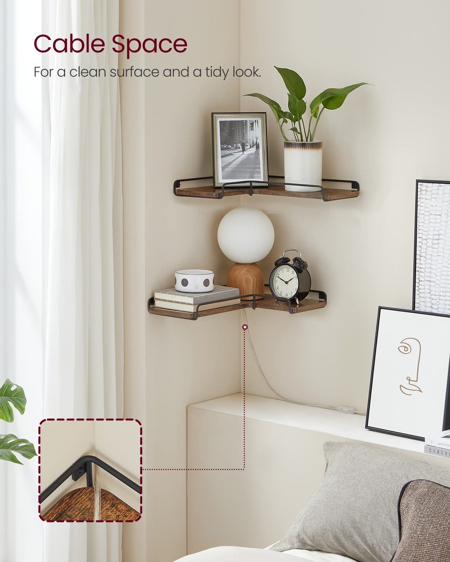 VASAGLE Corner Shelf Wall Mount Set of 2, Floating Shelves, Small Wall Shelf for Decor Storage, for Living Room Bedroom Kitchen Bathroom, Rustic Brown and Black ULLS831B01