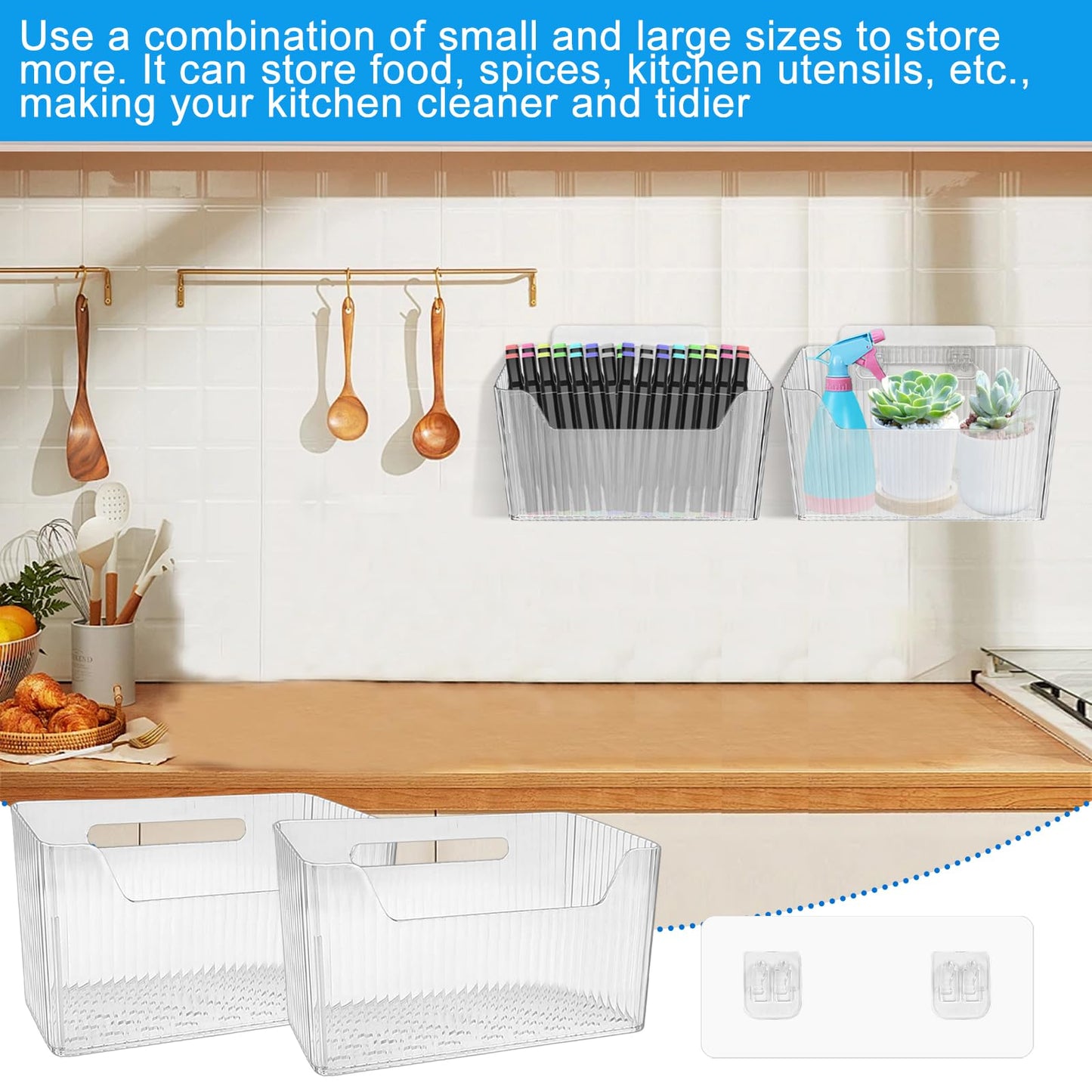 6Pcs Storage Organizer Bins Wall Mounted Organizer Basket Large Size Clear Plastic Makeup Organizer Adhesive Hanging Bin for Bathroom Kitchen Pantry
