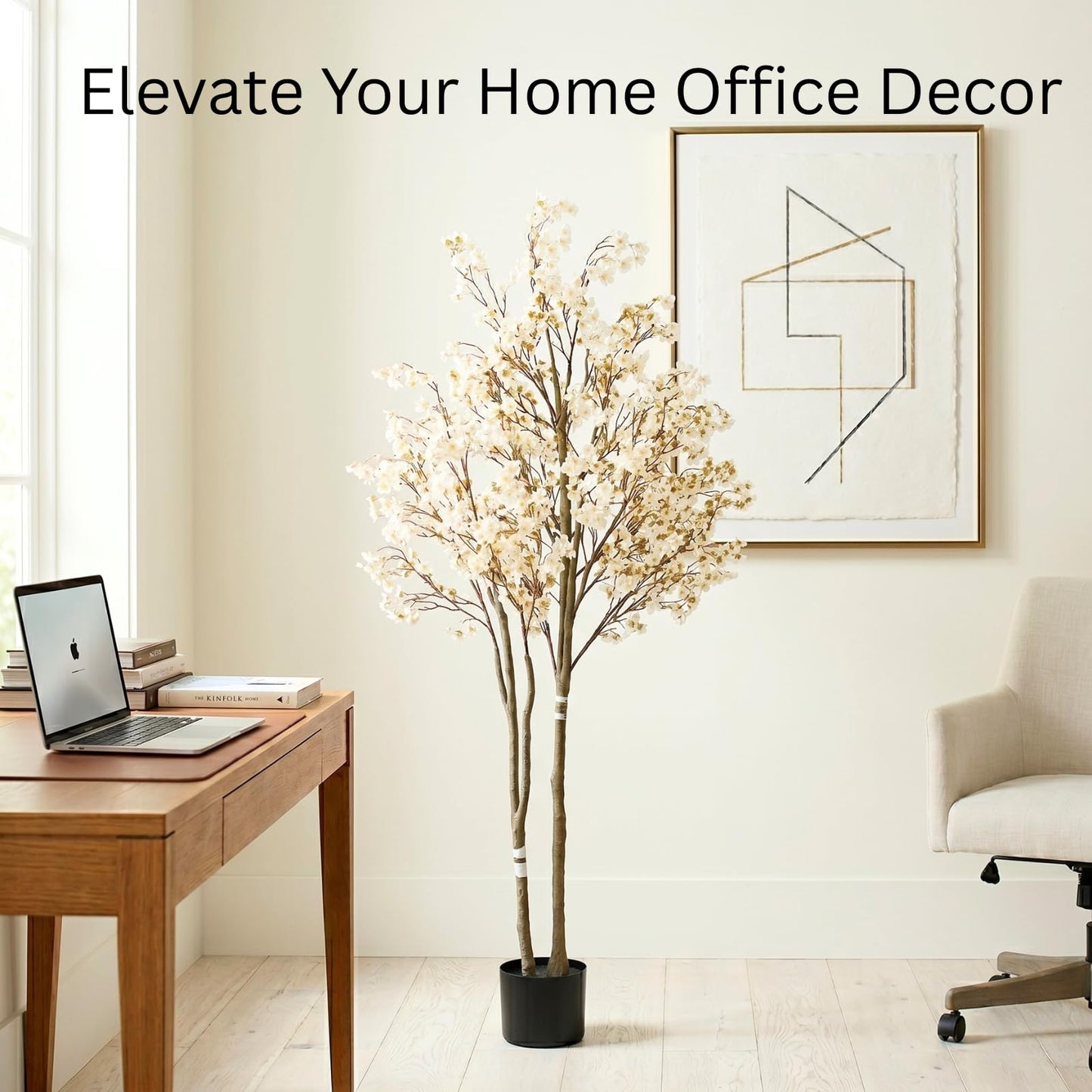 Artificial Cherry Blossom Tree with Lights 6ft Tall, White Faux Cherry Blossom Tree Indoor with LED String Lights, Japanese Sakura Tree for Living Room Office Home Decor