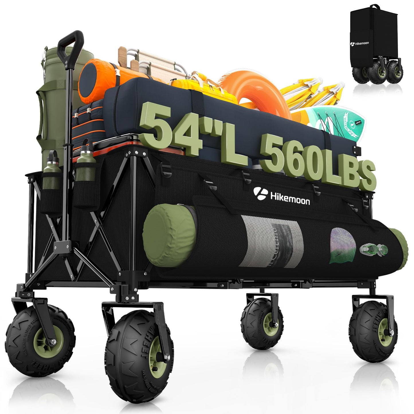 Hikemoon 400L Collapsible Beach Wagon with 10" Big Balloon Wheels for Sand, 54" Long Extra Large Wagons Carts Foldable, All Terrain Tires & 560LBS Heavy Duty, Utility Folding Cart for Outdoors, Black