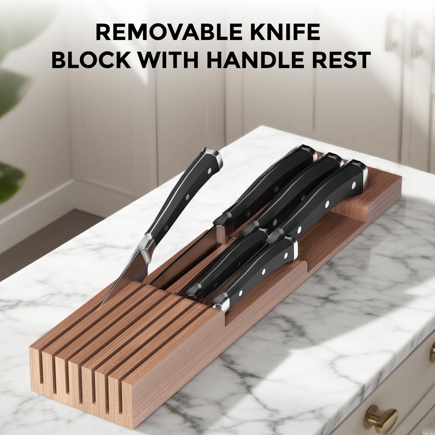 TIOPGHAD Bamboo-Silverware-Drawer-Organizer-Kitchen, Expandable Utensil Holder Cutlery Tray Flatware Organization Adjustable Wood Tableware Dividers Storage (with Removable Knife Block)(Brown)
