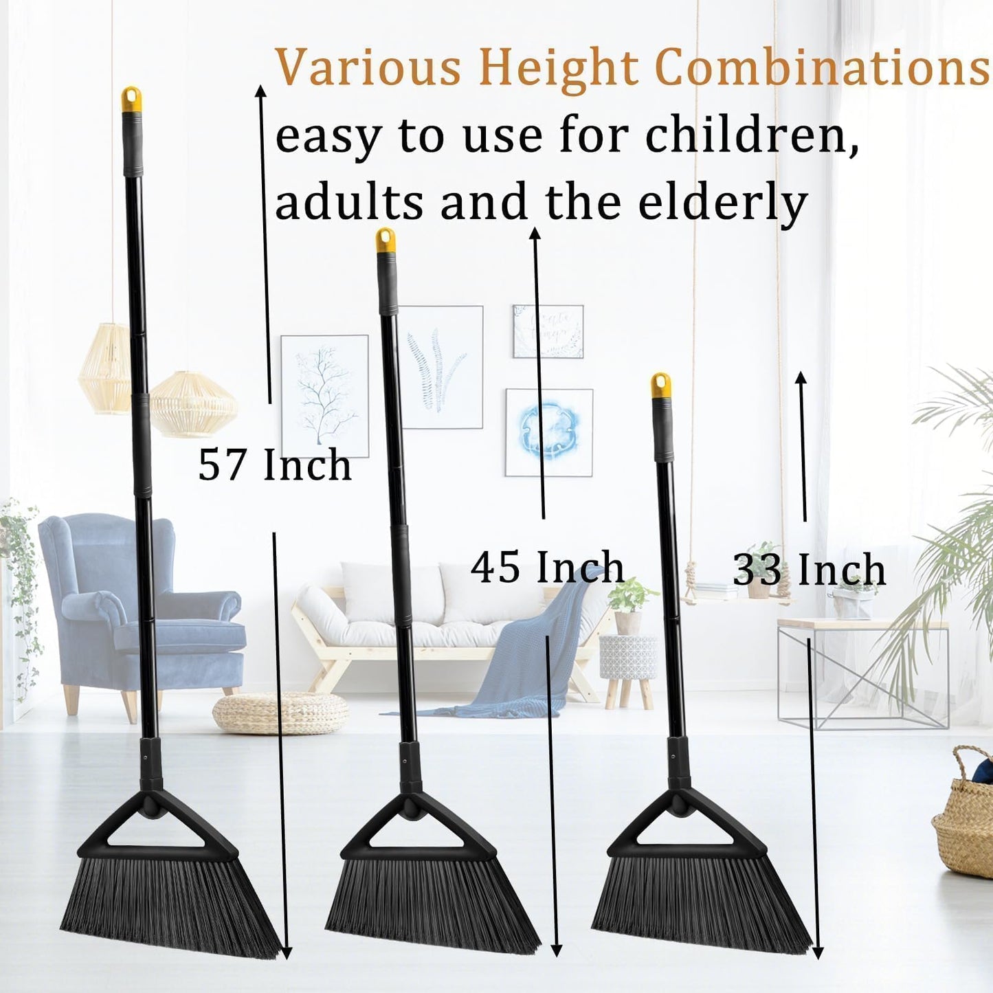 SZJYHQY 4PCS Heavy Duty Broom, Broom for Sweeeping Indoor and Outdoor, Angle Broom with Long Pole, Outdoor Broom for Courtyard/Garages/Slidewalk, Indoor Broom for Kitchen Lobby Canteen Black