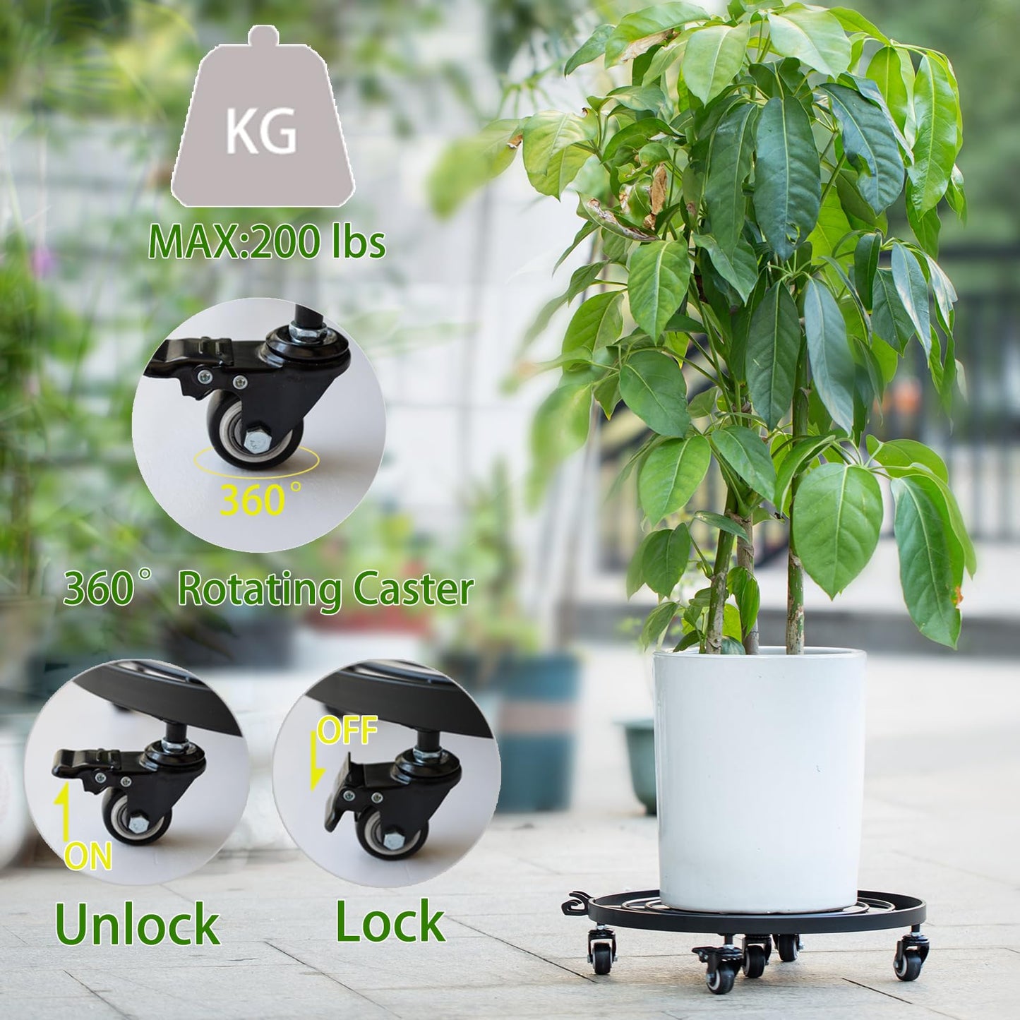 Goooxim 16" Heavy Duty Plant Dolly with Wheels Rolling Planter Base for Indoor/Outdoor Use | Patented Detachable Handle 360° Rotating Polyurethane Wheels Max Load 200 lbs for Large Pots & Planters