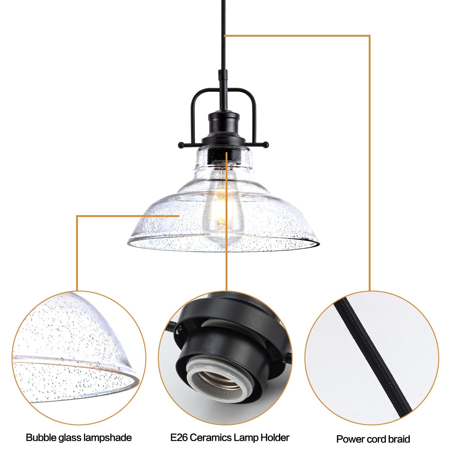 Zlepmlla Glass Pendant Light，Black Pendant Light Fixtures with Seeded Glass Shade, Adjustable Height Hanging Lights for Hallway, Kitchen Island, Dinning Room（Bulb not Included）