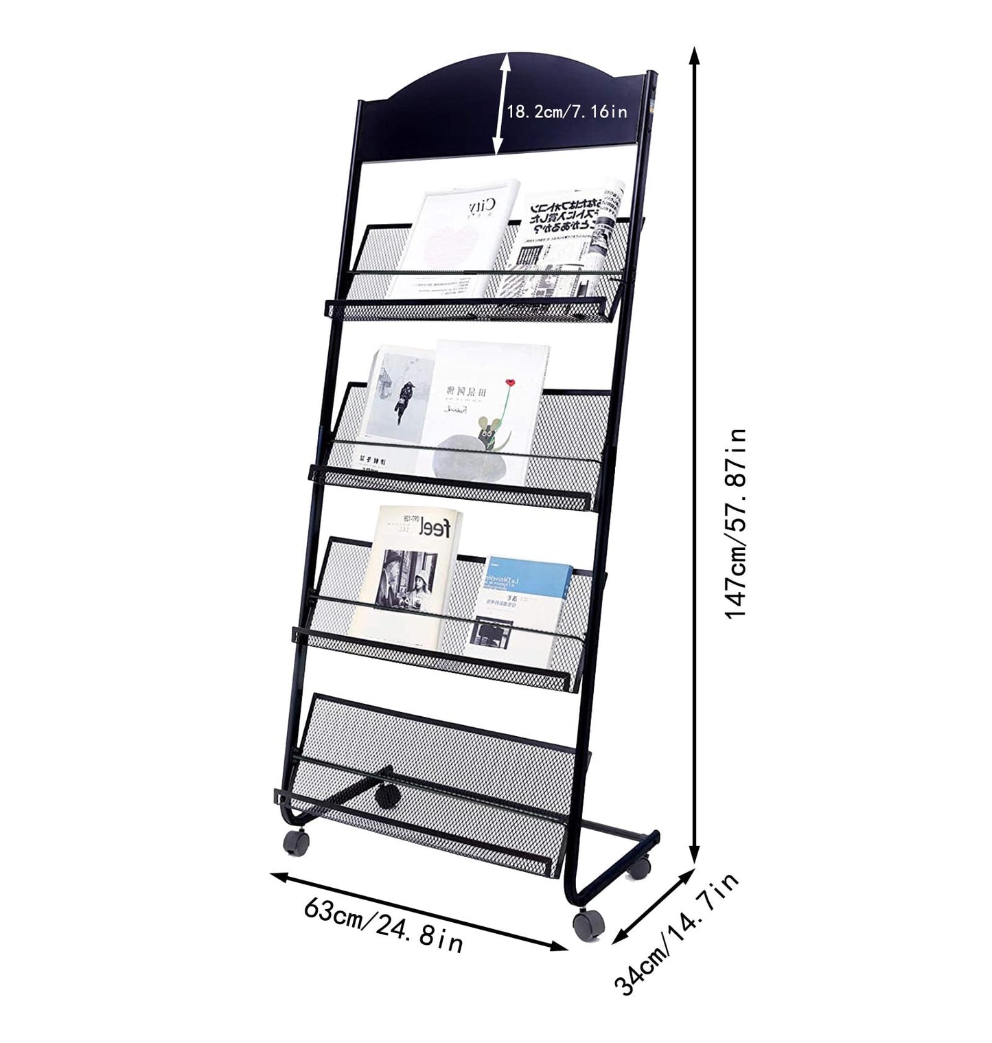 Vmsiuory Floor Standing Magazine Rack,The Wheels with Locking 4 Tier Document Display Rack for Exhibition Office Shopping Mall Waiting Room and Other Places （BLACK